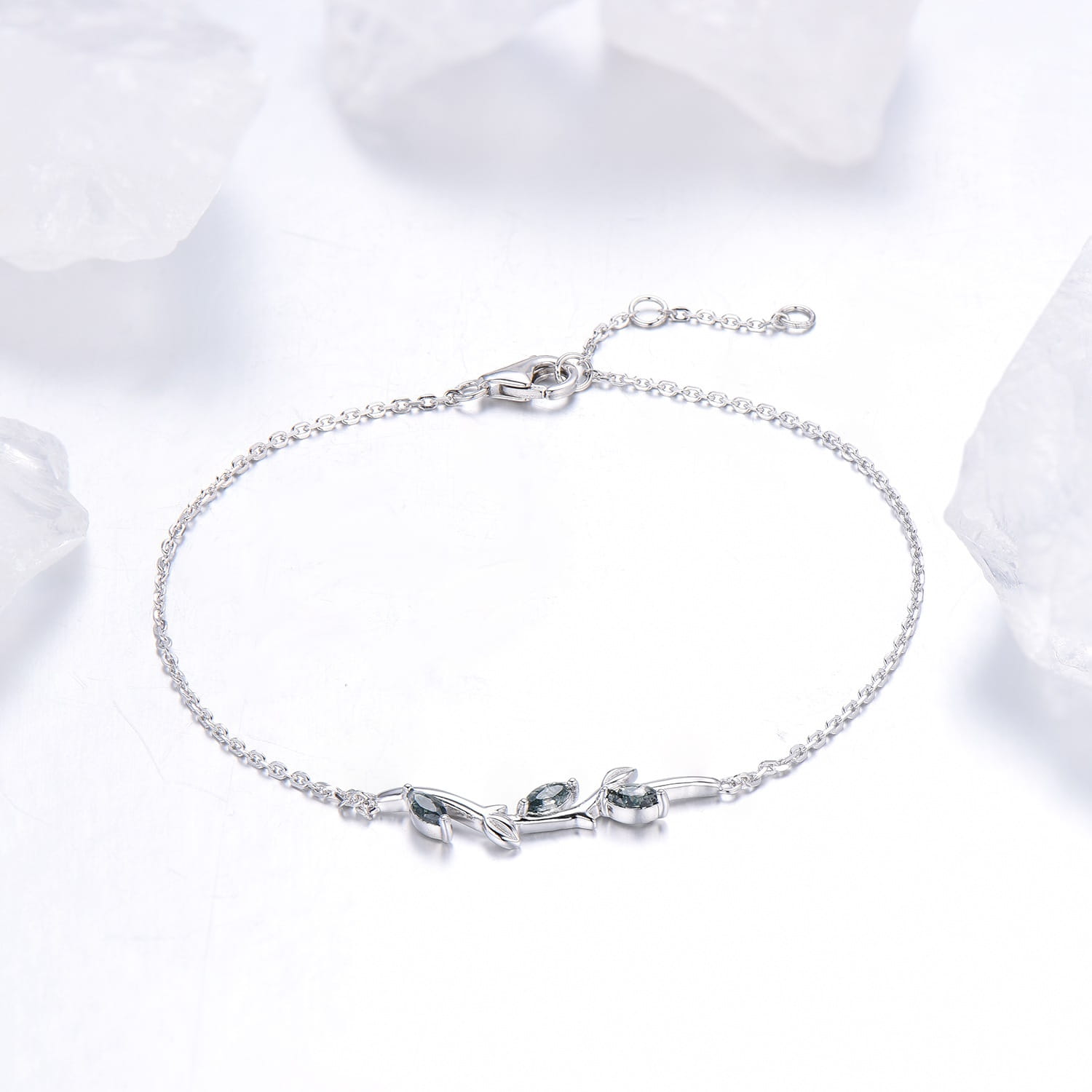 Elegant Marquise Cut Moss Agate Bracelet with Leaf Vine Design - Green Crystal Nature-Inspired Stackable Bracelet for Women | Perfect Anniversary Gift, Boho Jewelry for Everyday Wear & Special Occasions