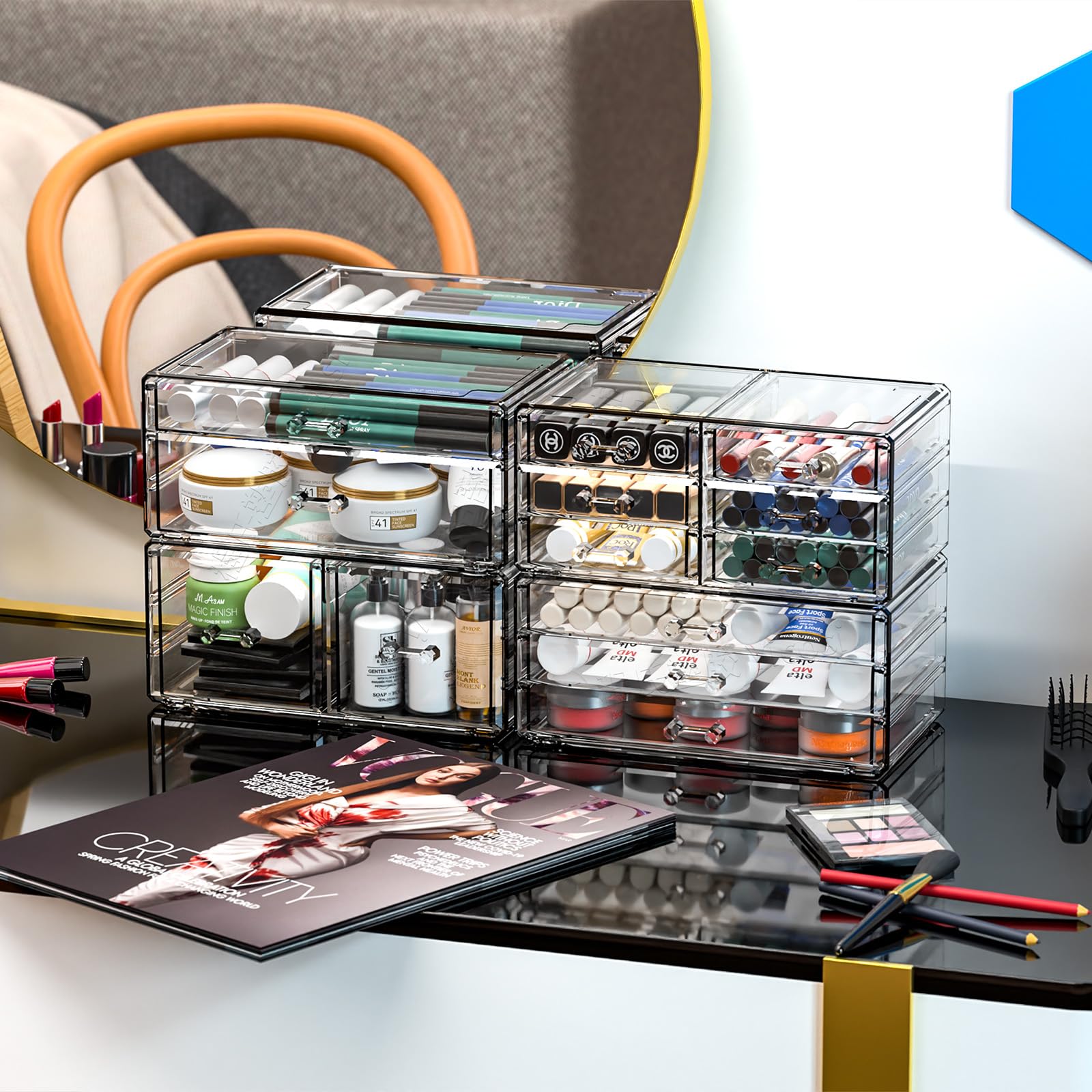4-Pack Clear Acrylic Drawer Organizer - Stackable 13-Drawer Makeup Storage Cube for Dresser, Hair Clips & Beauty Products - Perfect for Vanity, Bathroom & Desk Organization (13.5