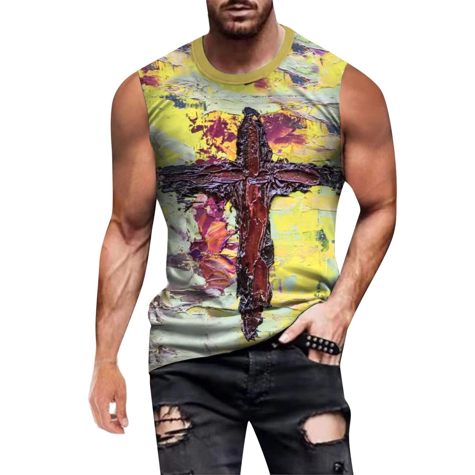 XXBR Men's Faith Jesus Cross Print Sleeveless Tank Top - Breathable Summer Workout Shirt for Gym, Running & Athletic Activities | Christian Apparel for Fitness & Casual Wear