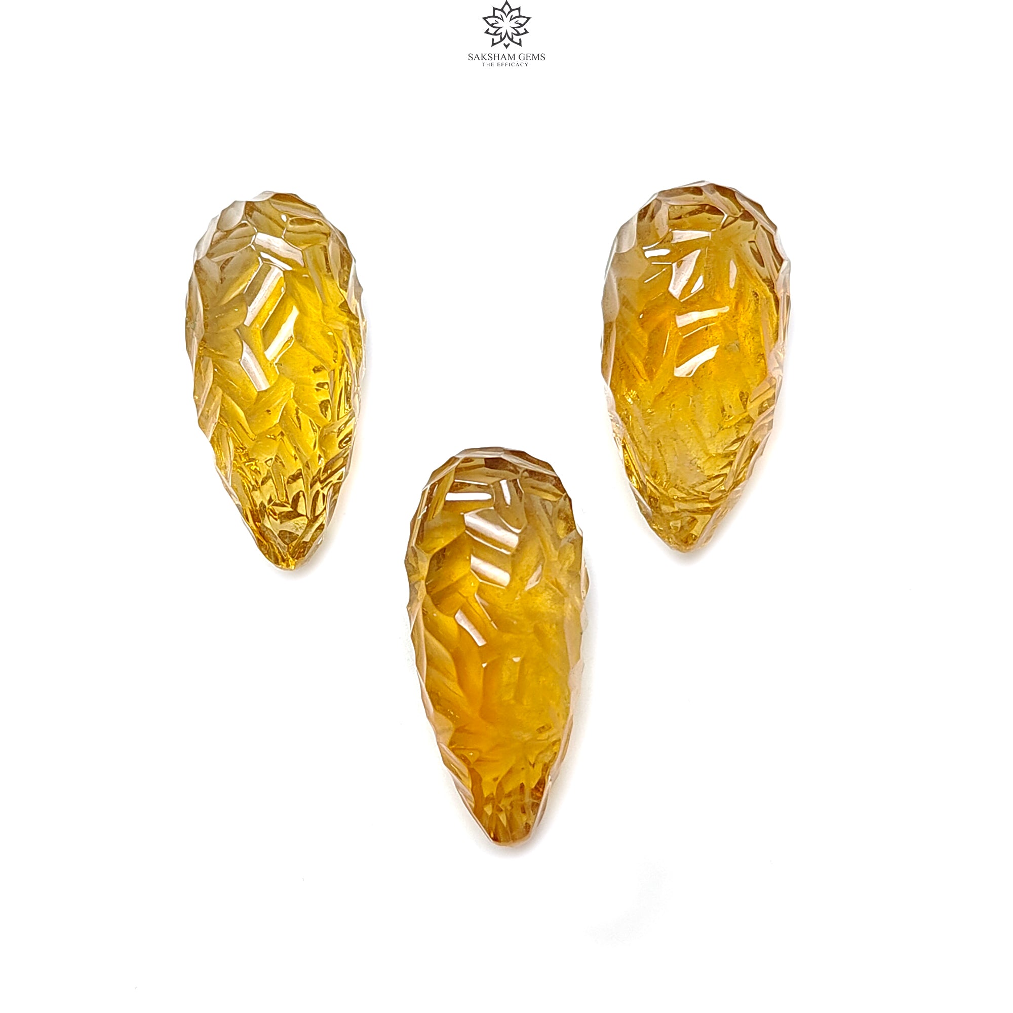 Natural Untreated Yellow Citrine Gemstone Carving - 81.30cts Hand-Carved Teardrop Shape (26mm x 27mm) 3-Piece Set, November Birthstone - Perfect for Jewelry Making, Healing Crystals & Gift Giving
