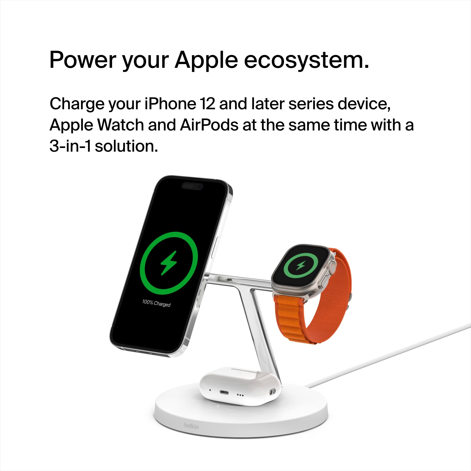 Belkin MagSafe 3-in-1 Wireless Charging Station - 15W Fast Charger for iPhone 16/15/14/13/12 Series, Apple Watch 10/9/8/SE/Ultra & AirPods - White | Perfect for Bedside, Office Desk & Travel Charging