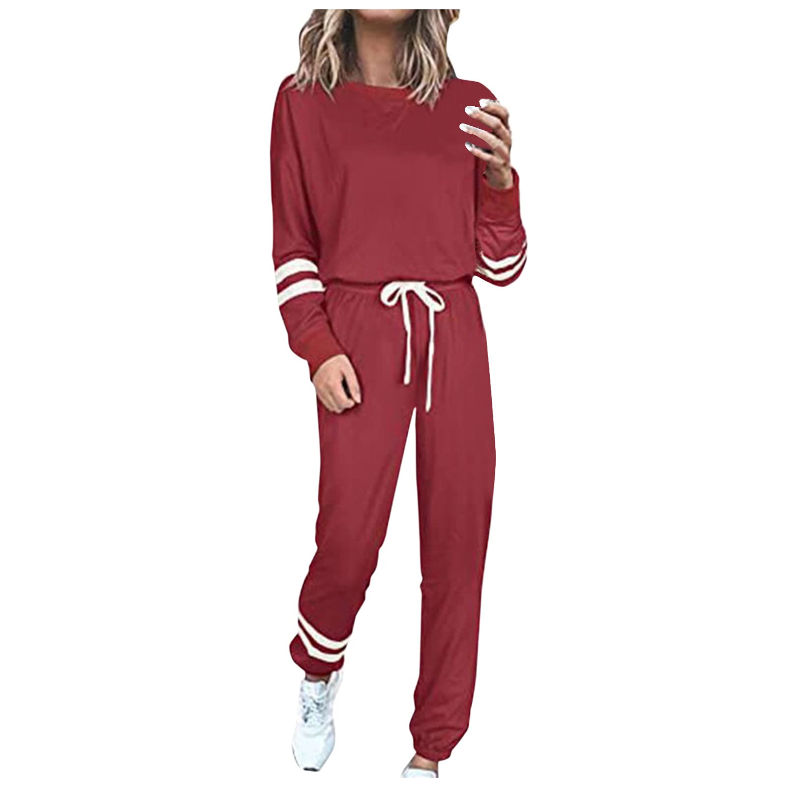 Women's Colorblock Crewneck Sweatsuit Set - Long Sleeve Pullover & Pants with Pockets | 2-Piece Lounge Outfit for Sleepwear, Yoga & Home Comfort