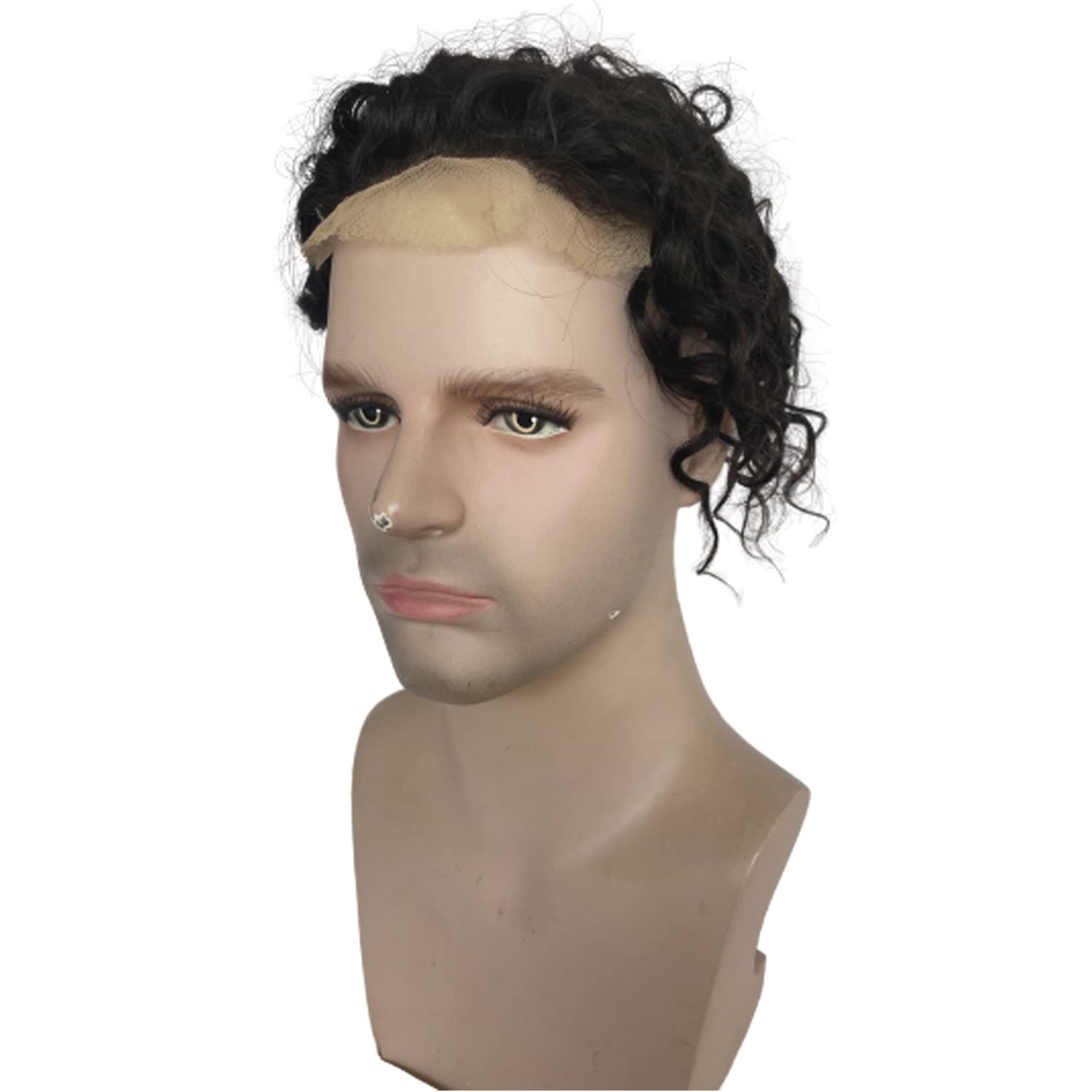 100% European Virgin Human Hair Toupee for Men - 8 Inch Curly Hair Replacement System with Swiss Lace & PU Base (4.33x6.69 Inch, Natural Black) - Perfect for Daily Wear, Special Occasions & Hair Loss Solutions
