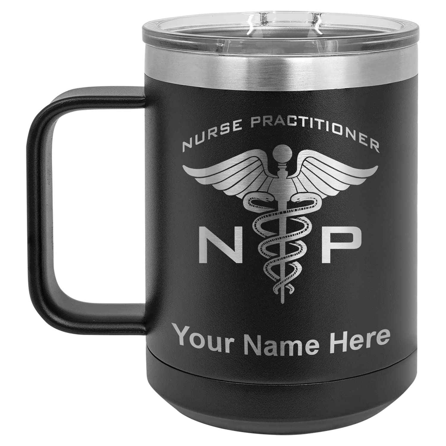 LaserGram 15oz Vacuum Insulated Stainless Steel Coffee Mug - Personalized Engraved Gift for Nurse Practitioners (NP) - Keeps Beverages Hot/Cold for Hours - Perfect for Hospital Shifts, Office Use & Outdoor Activities (Black)