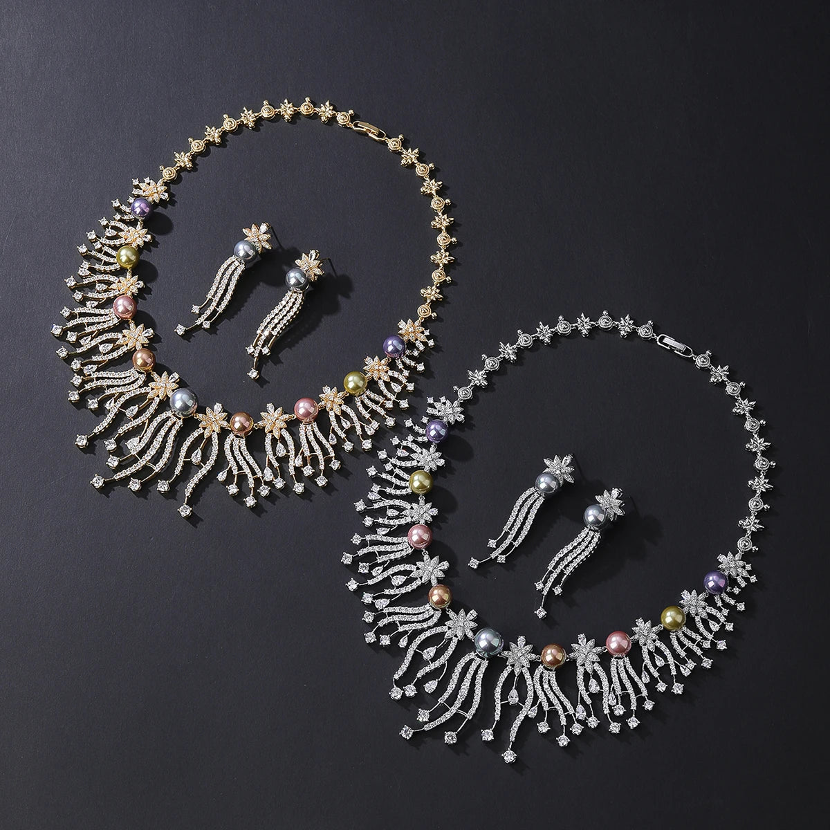 Luxury Bridal Jewelry Set - Pearl & Cubic Zirconia Necklace & Earrings Set for Women - Elegant Wedding, Party & Special Occasion Jewelry CN11558