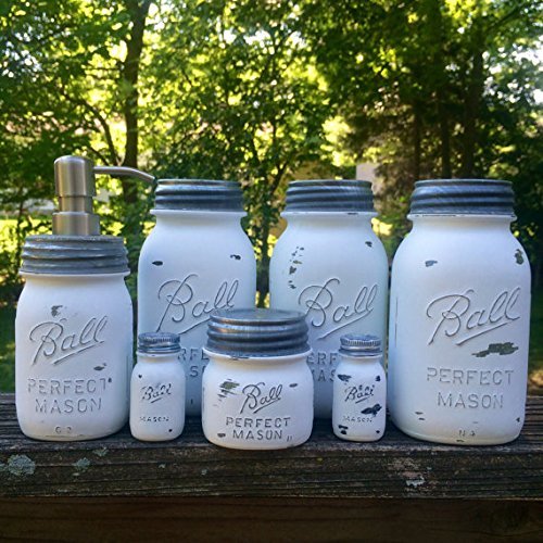 White Mason Jar Canister Set with Soap Dispenser - Rustic Kitchen Storage Containers for Flour, Sugar & Spices - Modern Farmhouse Decor for Pantry Organization & Country Style Home