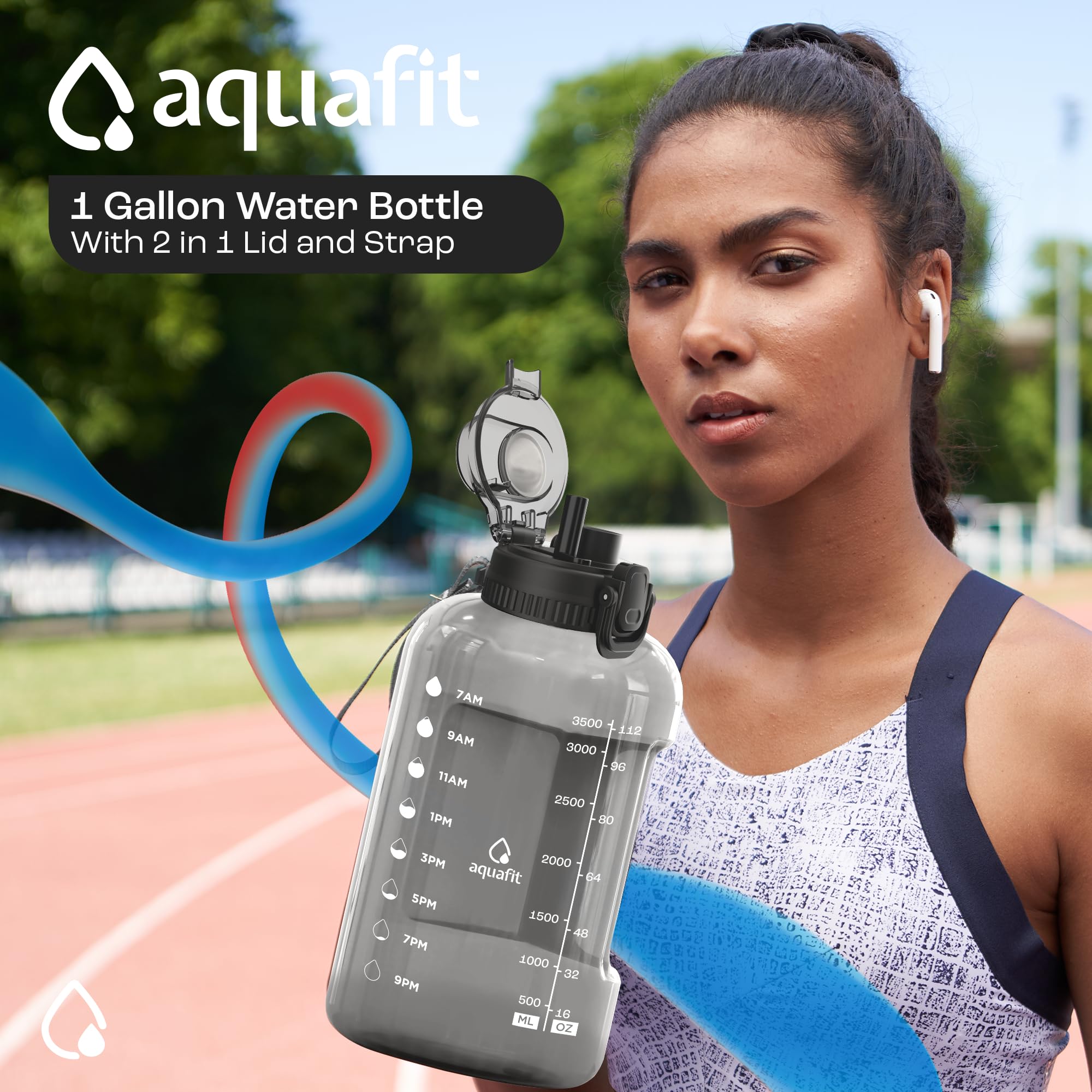 AQUAFIT 1 Gallon Water Bottle with Time Marker - 128oz BPA Free Large Water Jug with 2-in-1 Straw & Chug Lid, Handle for Gym, Workout & Outdoor Activities - Motivational Water Bottle for Hydration Tracking (Gray)