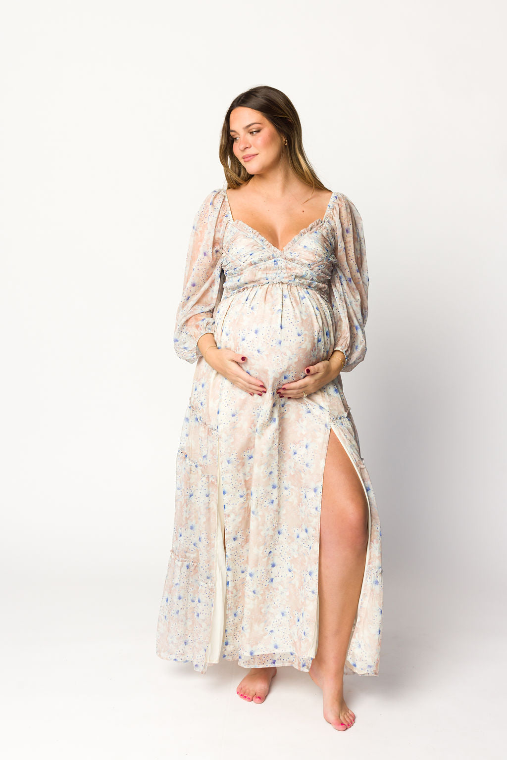 Stylish Daphne Long Sleeve Maxi Dress in Beige/Blue Floral Print - Bump Friendly Maternity Wear & Inclusive Sizing (XS to 3XL) - Perfect for Pregnancy, Nursing, and Special Occasions