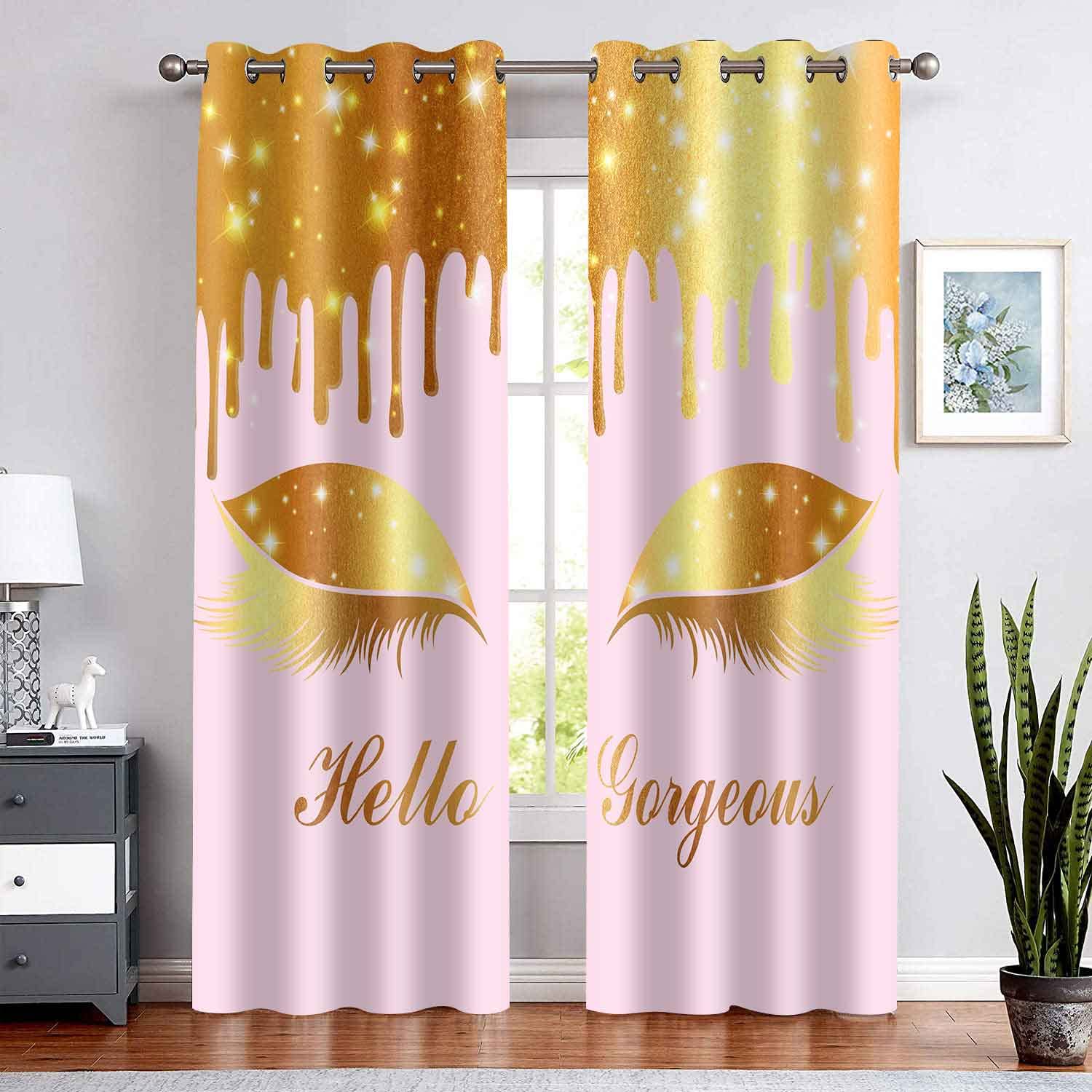 BSPPTI Hello Gorgeous Unicorn Eyelash Curtains - Blackout Thermal Insulated Window Treatments for Bedroom (42x84 Inch, 2 Panels, Pink & Gold) - Perfect for Kids Room, Nursery & Fantasy Themed Decor