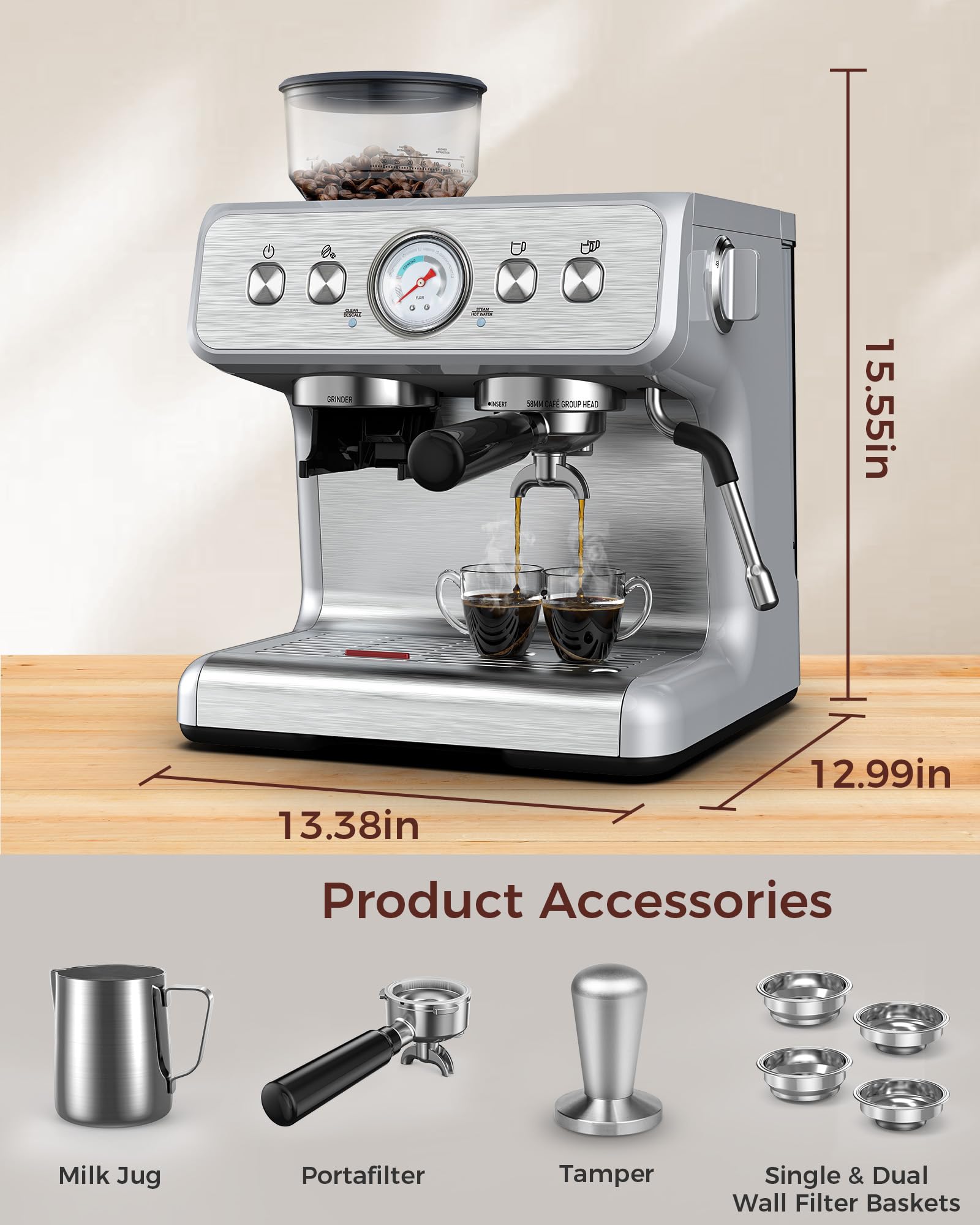 Kndko 15 Bar Semi-Automatic Espresso Machine with Milk Frother & Grinder - Stainless Steel Detachable Water Tank - Perfect for Latte & Cappuccino - Ideal for Home Coffee Bar & Office Use