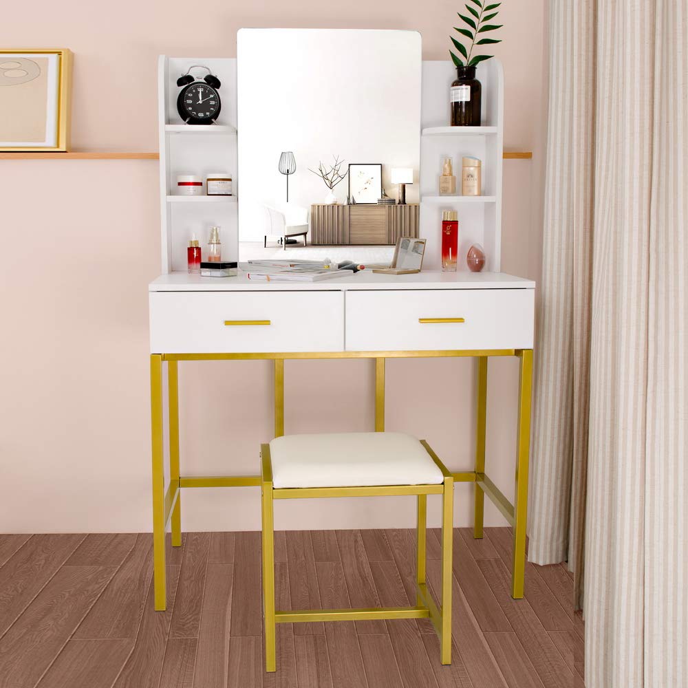 GBB White Steel Frame Vanity Table with Desktop Mirror, 2 Drawers & Stool - Elegant Dressing Table for Bedroom, Hair Salon & Makeup Studio | Perfect for Home Decor, Professional Styling & Beauty Studios