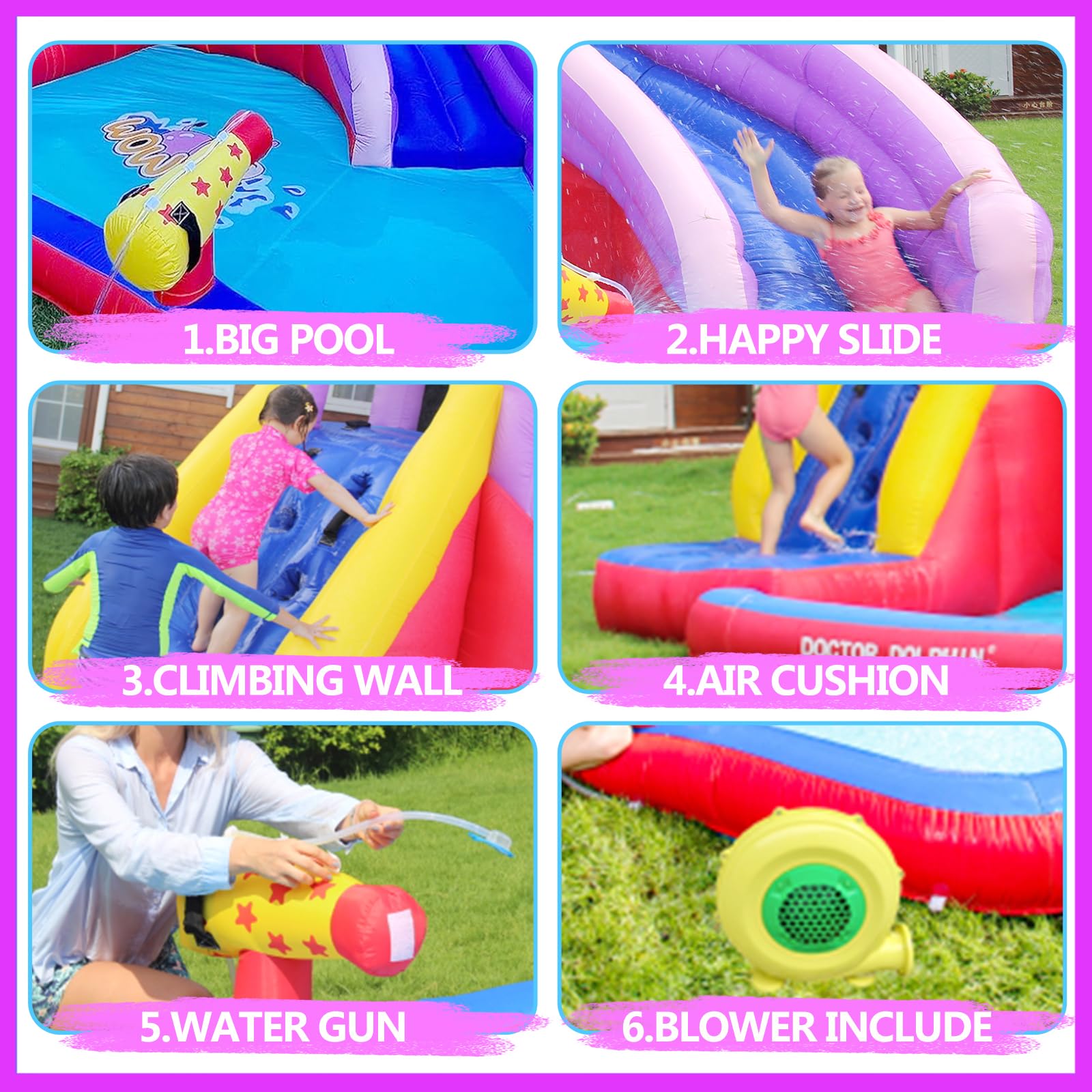 **Doctor Dolphin Inflatable Bounce House with Water Slide - Kids & Toddler Indoor/Outdoor Bouncy Castle, 450W Blower Included - Fun for Backyard, Birthday Parties, Summer Water Parks (Wet & Dry Use)**