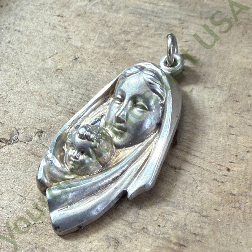 Vintage Cast Sterling Silver Mary & Jesus Mother & Child Religious Pendant Necklace - Perfect for Baptism, First Communion & Christian Gifts