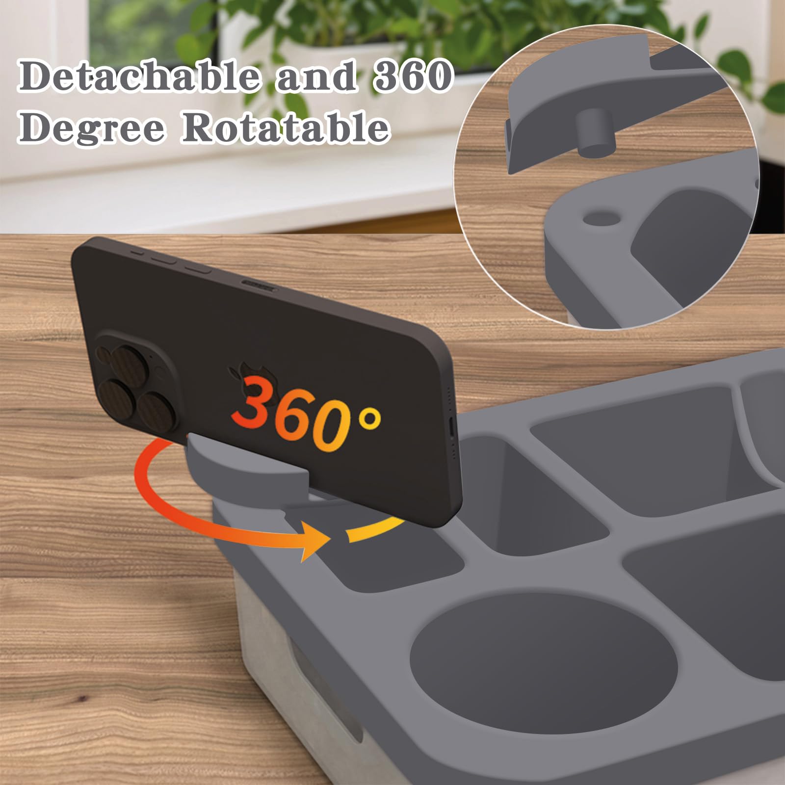 Rotatable Couch Cup Holder Tray with Phone Stand - Multi-Functional Sofa Caddy for Drinks, Snacks & Remote Control - Waterproof Bedside Table Organizer (Grey) | Perfect for Living Room, Bedroom, Car & Outdoor Use