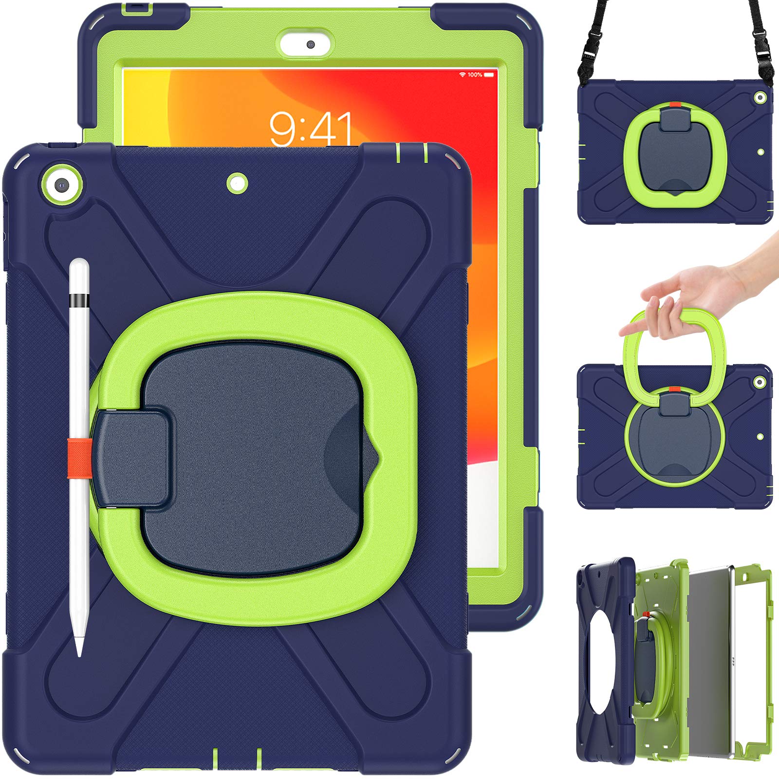 KIQ Ring Shield Heavy Duty Protective Case for iPad 9th/10.2-inch 2021 & 7th/8th Gen 10.2-inch 2019-2020 - with Apple Pencil Holder & Adjustable Shoulder Strap (Dark Blue/Lime Green) - Perfect for Travel, School & Business Use