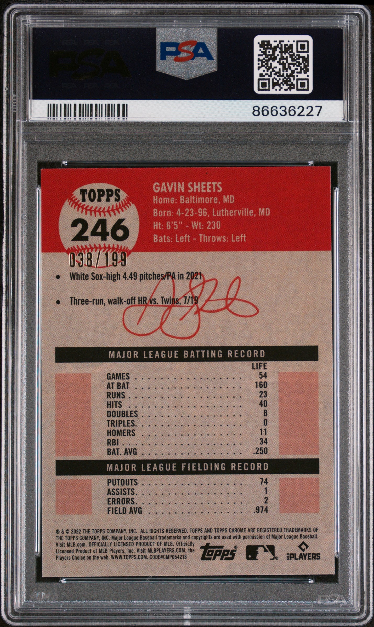 2022 Topps Chrome Platinum Gavin Sheets Platinum Toile #246 PSA 10 - Rare Baseball Trading Card for Collectors & Investors - Perfect for Display Cases & Sports Memorabilia Collections