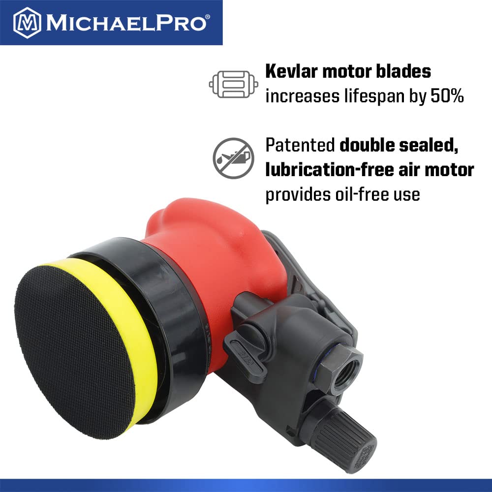 MichaelPro MPA01040 3-Inch Random Orbit Sander | 5mm Pneumatic Palm Sander for Woodworking, Metal & Composite Materials | Perfect for Sanding Furniture, Auto Body & DIY Projects