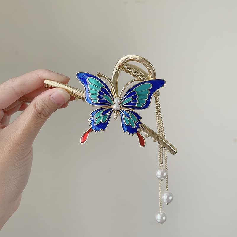 Butterfly Hair Clips for Women - Non-Slip Strong Metal Hair Claw Clips with Sparkly Butterfly Design - Cute Big Hair Accessories for Ponytails, Buns & Updos - Perfect Headwear Gift (Queen Blue)