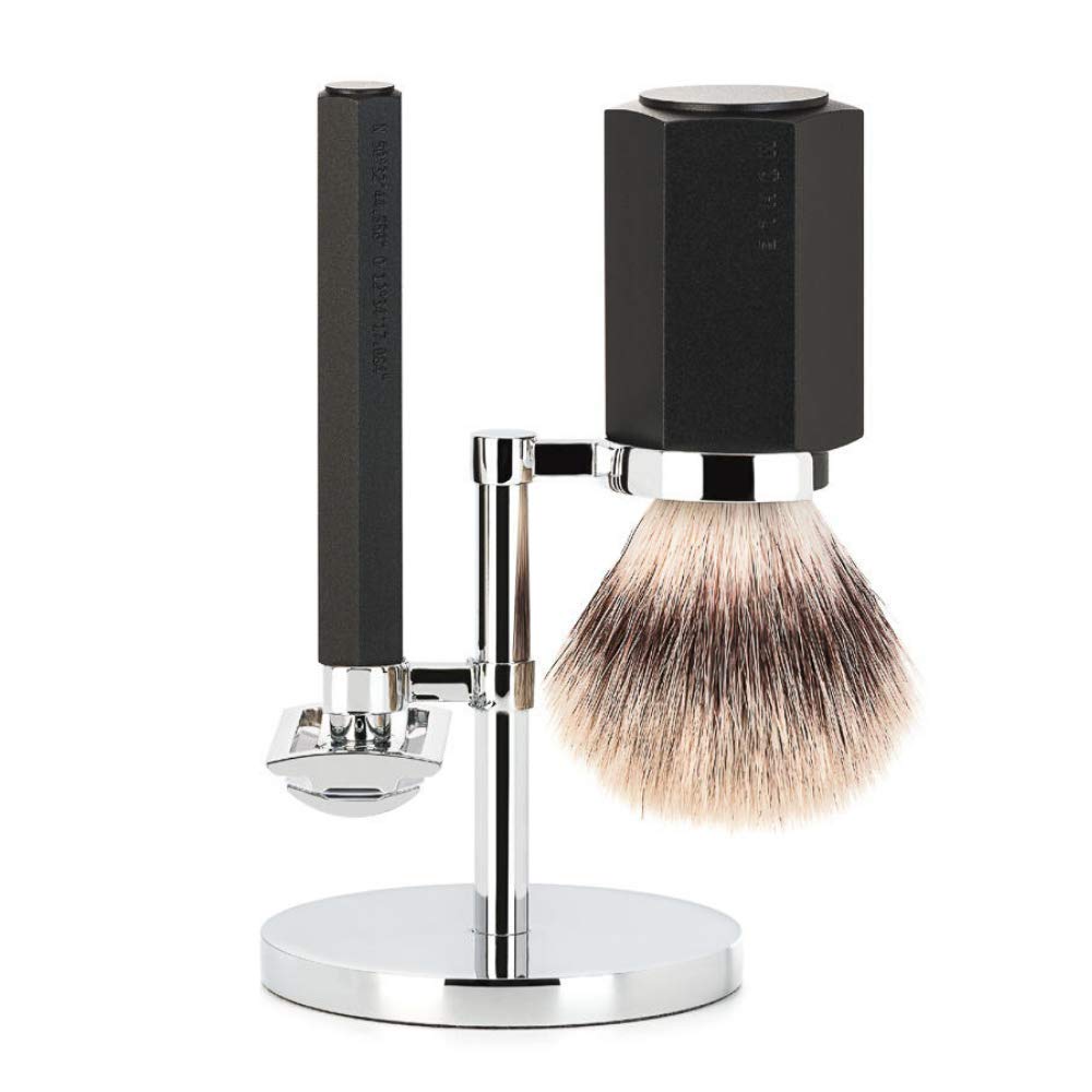 Premium MÜHLE HEXAGON Graphite 3-Piece Silvertip Fiber Shaving Set for Men - Luxury Wet Shaving Kit with Stand, Brush & Razor - Perfect Gift for Father's Day & Grooming Enthusiasts
