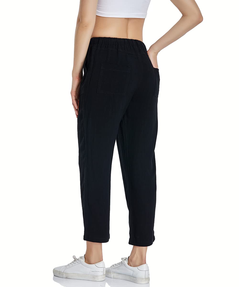 PEIQI Women's Linen Cropped Pants - Loose Fit Drawstring Elastic Waist Lounge Pants for Summer | Comfortable Casual Wear for Yoga, Beach, and Home Relaxation