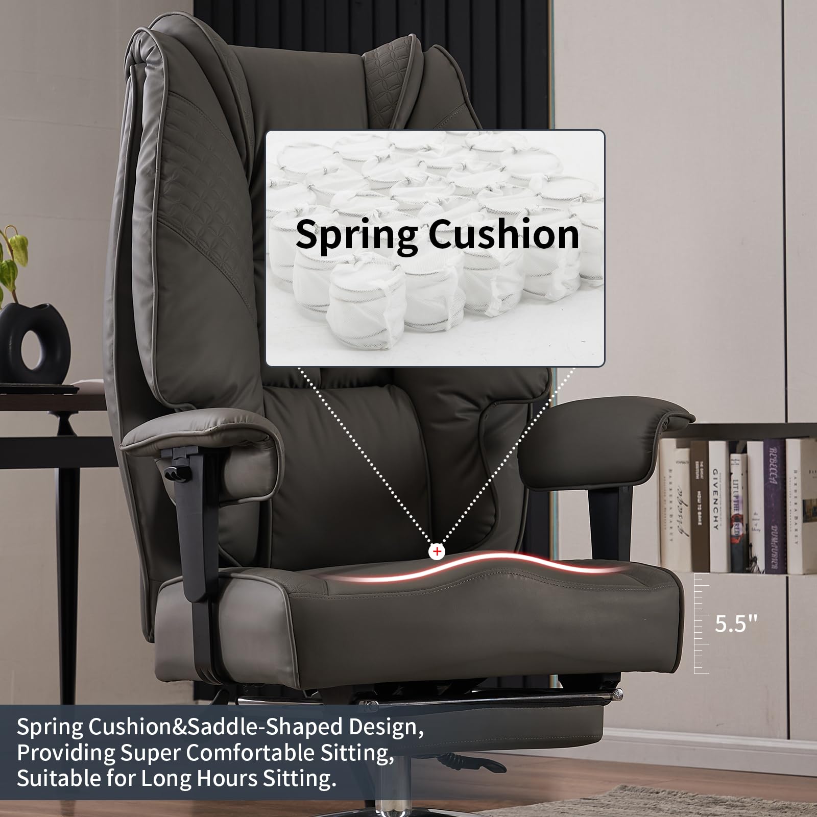 Big and Tall Office Chair for Heavy People 400lbs - Wide Seat Leather Executive Chair with High Back, Footrest & Lumbar Support - Ergonomic Computer Desk Chair for Back Pain Relief - Perfect for Home Office, Gaming & Workspace (Grey)