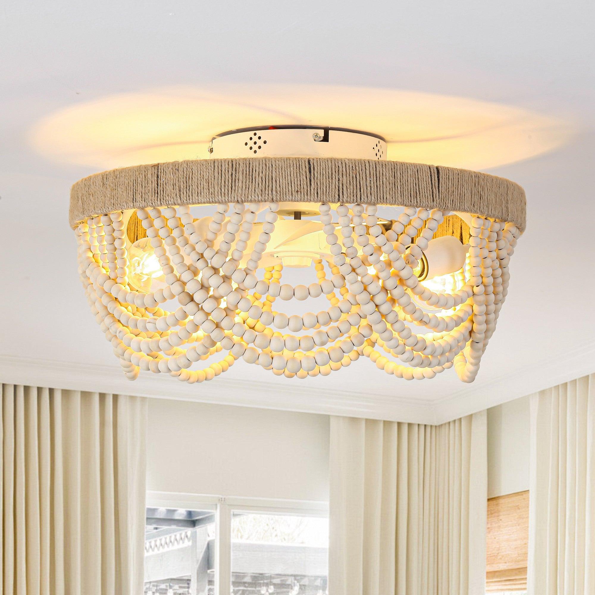 20 Inch White Farmhouse Wooden Beads Flush Mount Ceiling Fan with APP Remote Control & LED Light - Perfect for Bedroom, Living Room, and Kitchen Decoration
