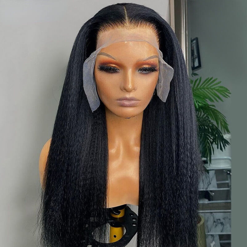 Kinky Straight Human Hair Wigs with Pre-Plucked Lace Frontal - Natural Looking & Breathable for Daily Wear, Parties & Cosplay