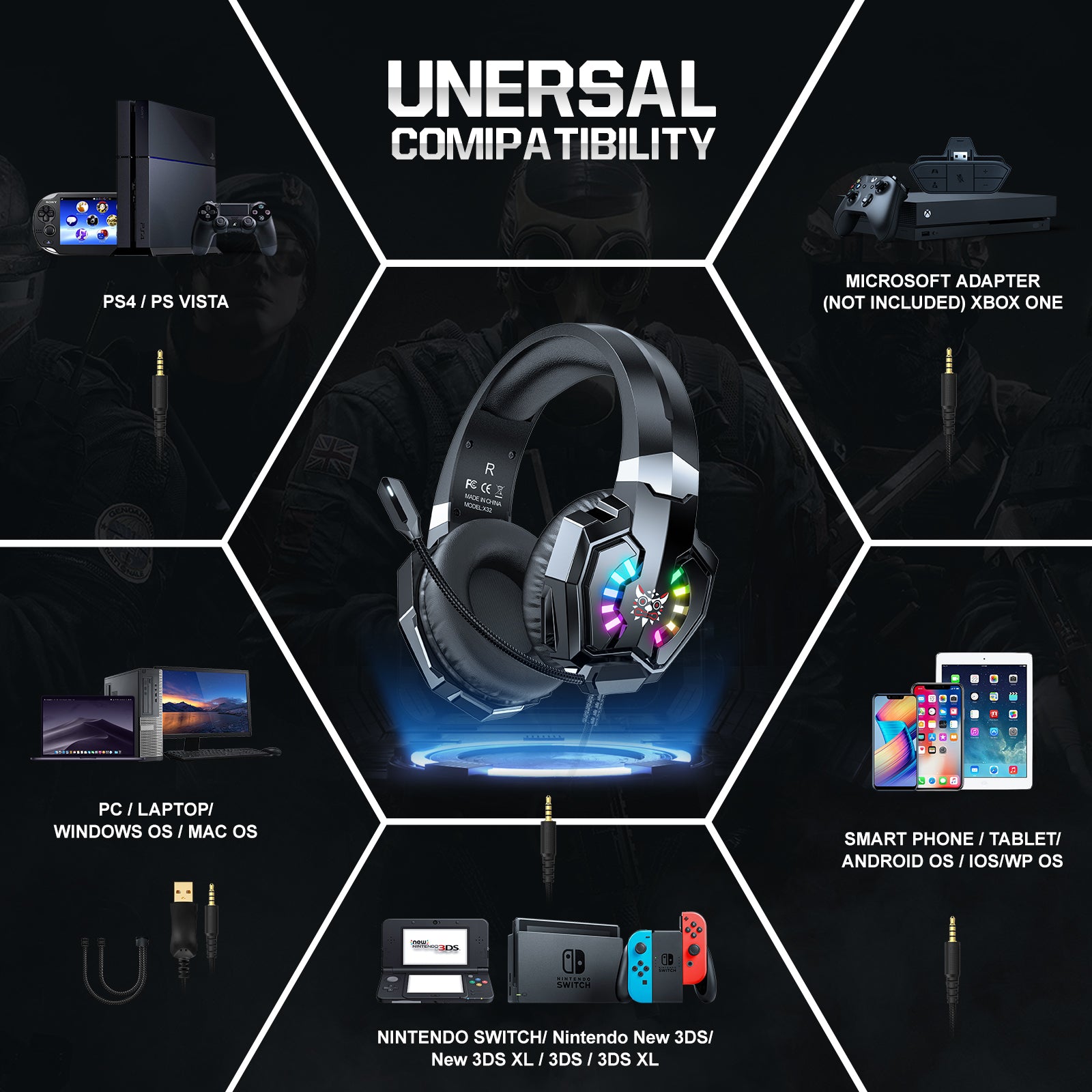 ONIKUMA X32 Wired Gaming Headset with Noise-Canceling Mic, RGB LED Lights & Comfortable Ear Cushions - Perfect for PC, PS4, Xbox Gaming & Online Chat