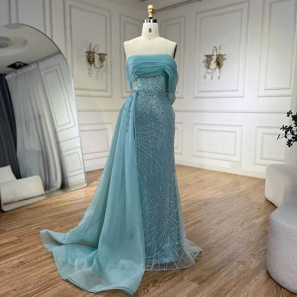 Serene Hill Turquoise Luxury One Shoulder Evening Dress with Side Train & Pearls - Women's Formal Wedding Party Gowns LA72523 | Perfect for Galas, Red Carpet Events & Bridal Showers