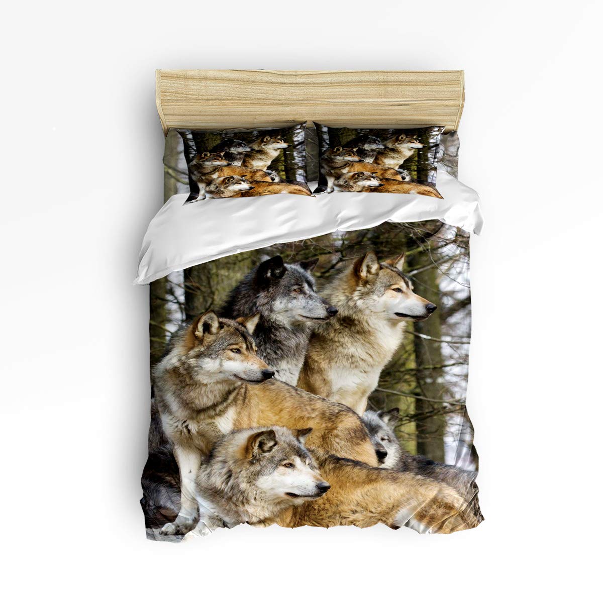 4 Piece Luxury Soft Brushed Microfiber Duvet Cover Set with Flat Sheet & Pillowcases - Twin Size Bedding for Kids Teens Adults | Wolf Forest Animal Design | Cozy Lightweight Comfort for Bedroom, Guest Room, Dorm