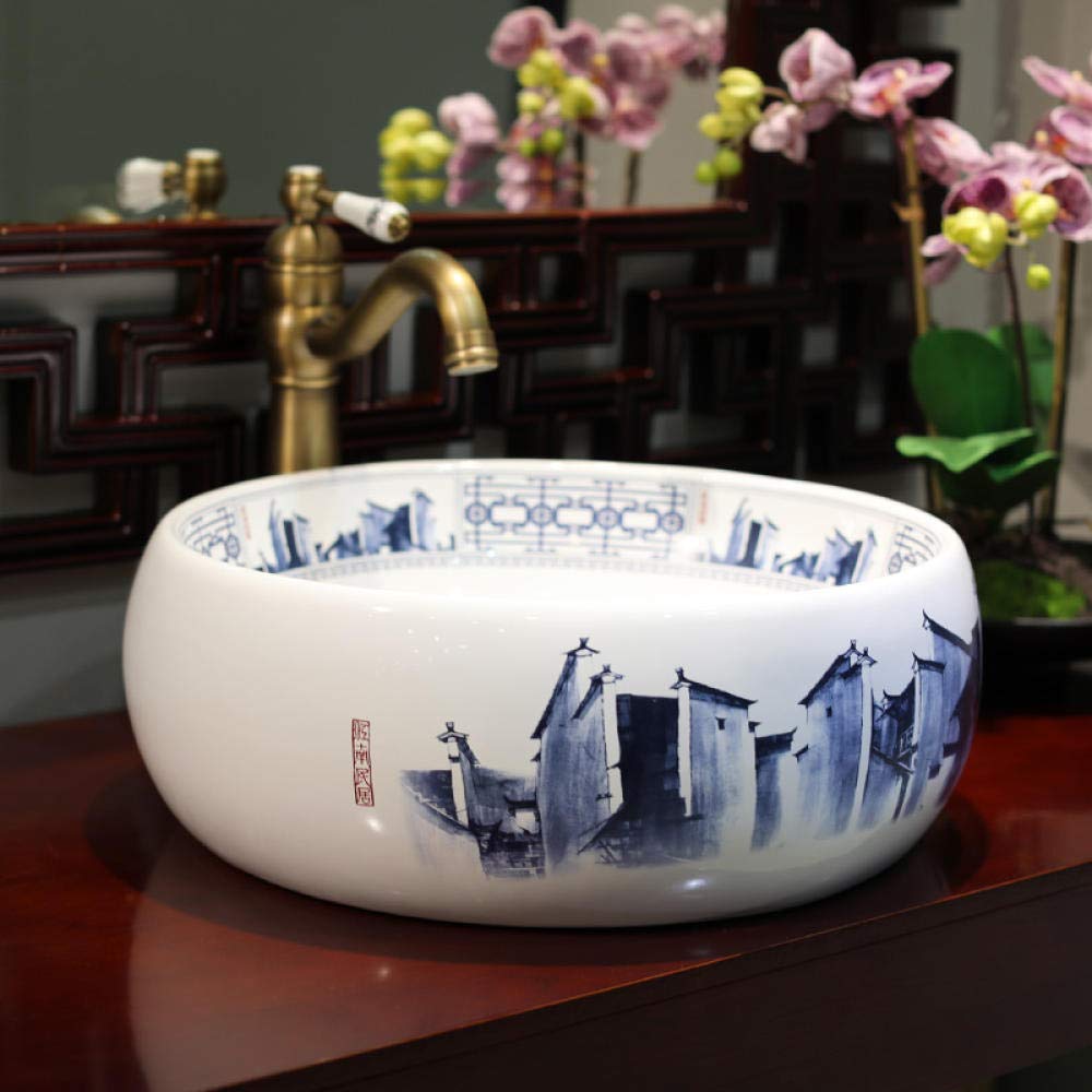 LEFEDA Blue and White Ceramic Vessel Sink - Hand-Painted Art Basin for Bathroom Vanity, Above Counter Top Mount Sink - Perfect for Modern, Farmhouse & Bohemian Style Bathrooms