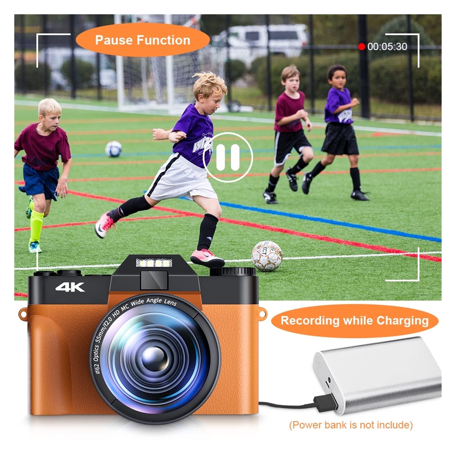 BODORME 4K 48MP Digital Camera with Wide Angle Lens - 16X Zoom Vlogging Camera for YouTube, Live Streaming & Selfies - Webcam with HD Video Recorder (Orange Lens, CDR10 Model) - Perfect for Travel Vlogging, Home Recording & Online Meetings