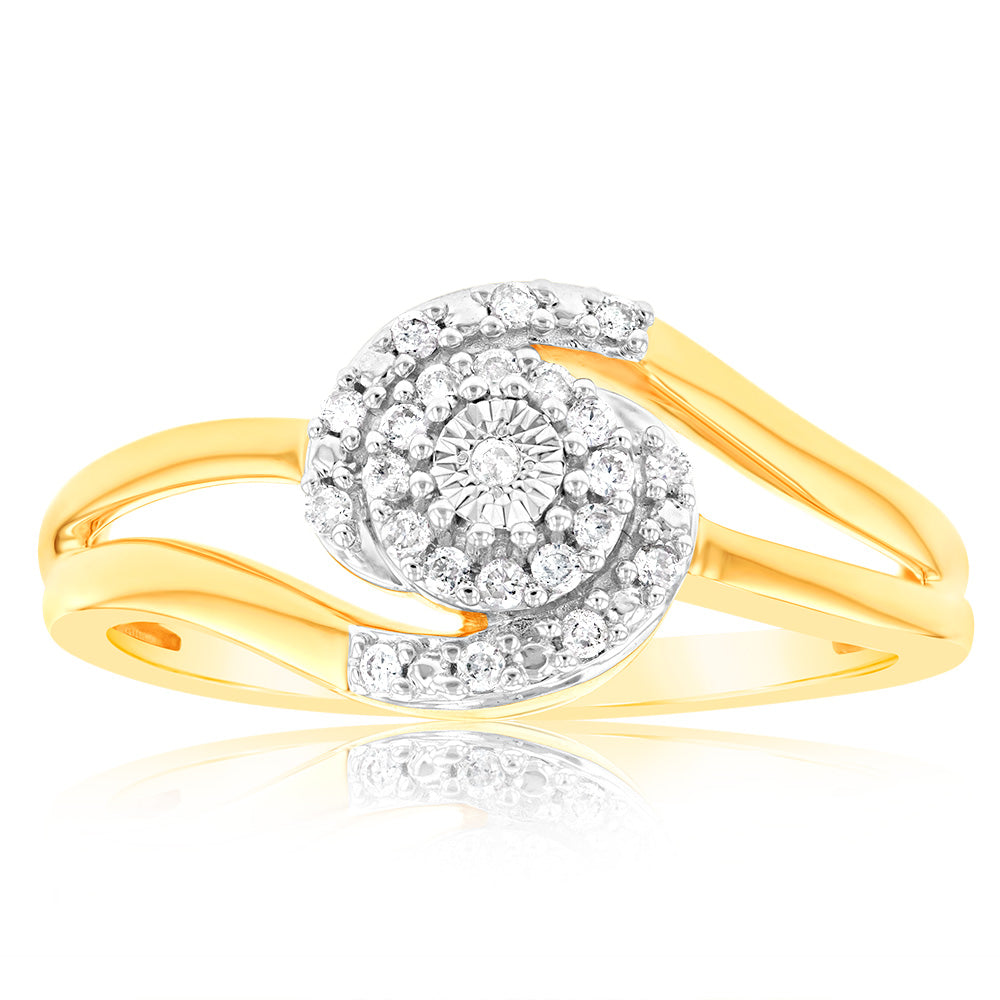 9ct Yellow Gold 23 Diamonds Swirl Ring for Women - Elegant Diamond Wedding Band, Anniversary Gift for Her - Perfect for Engagement, Valentine's Day & Special Occasions