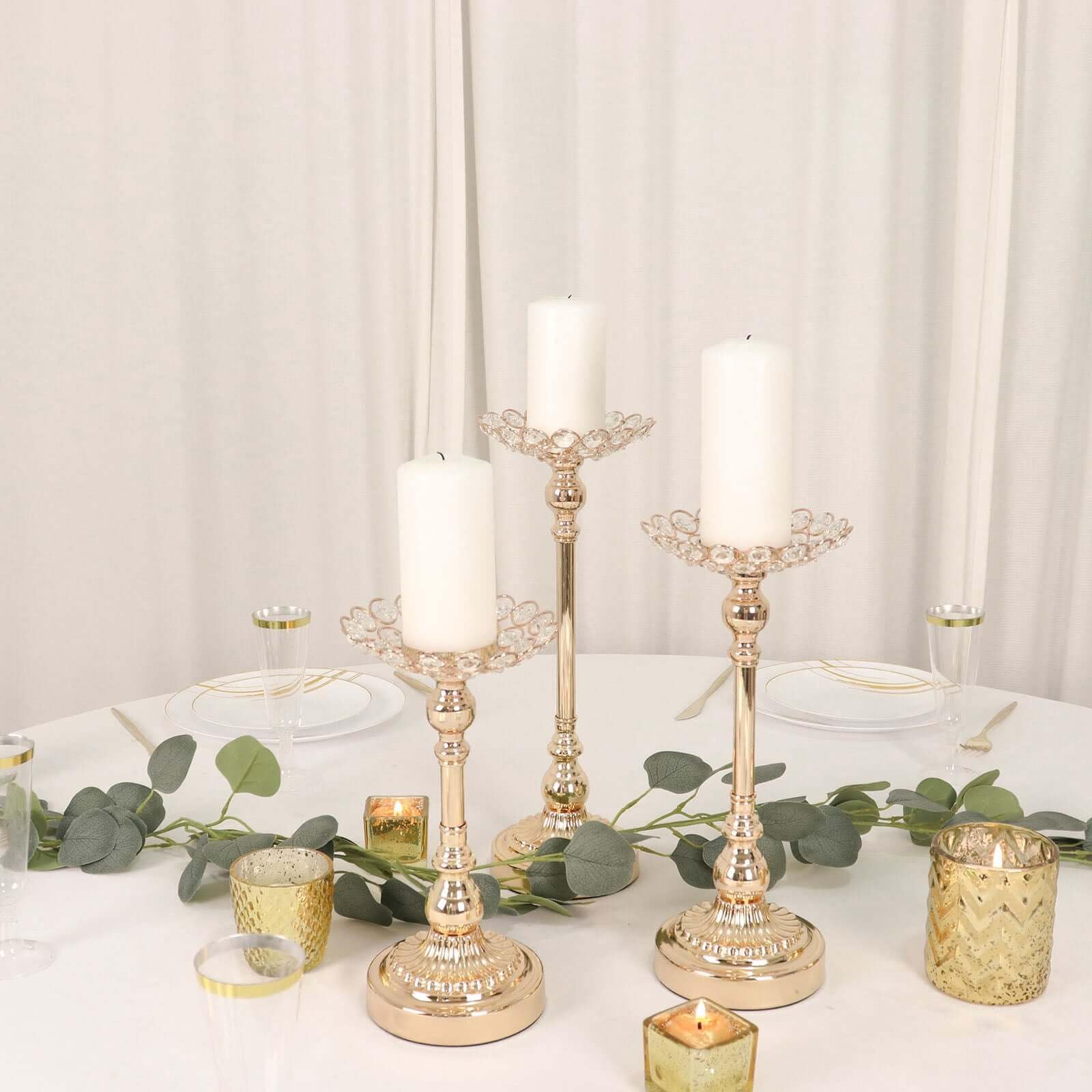 Efavormart Set of 3 Gold Metal Crystal Beaded Votive Candle Holders - 11