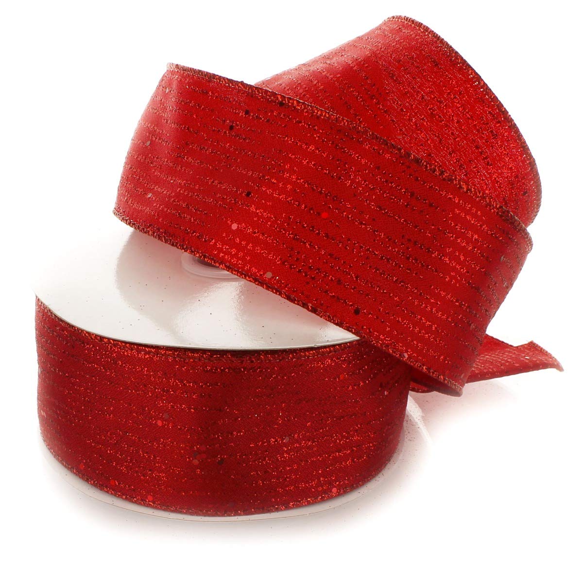 Red Wired Ribbon with Glitter and Sequin Stripes - 2.5 Inch x 25 Yards for Gift Wrapping, Crafts, and Holiday Decorations