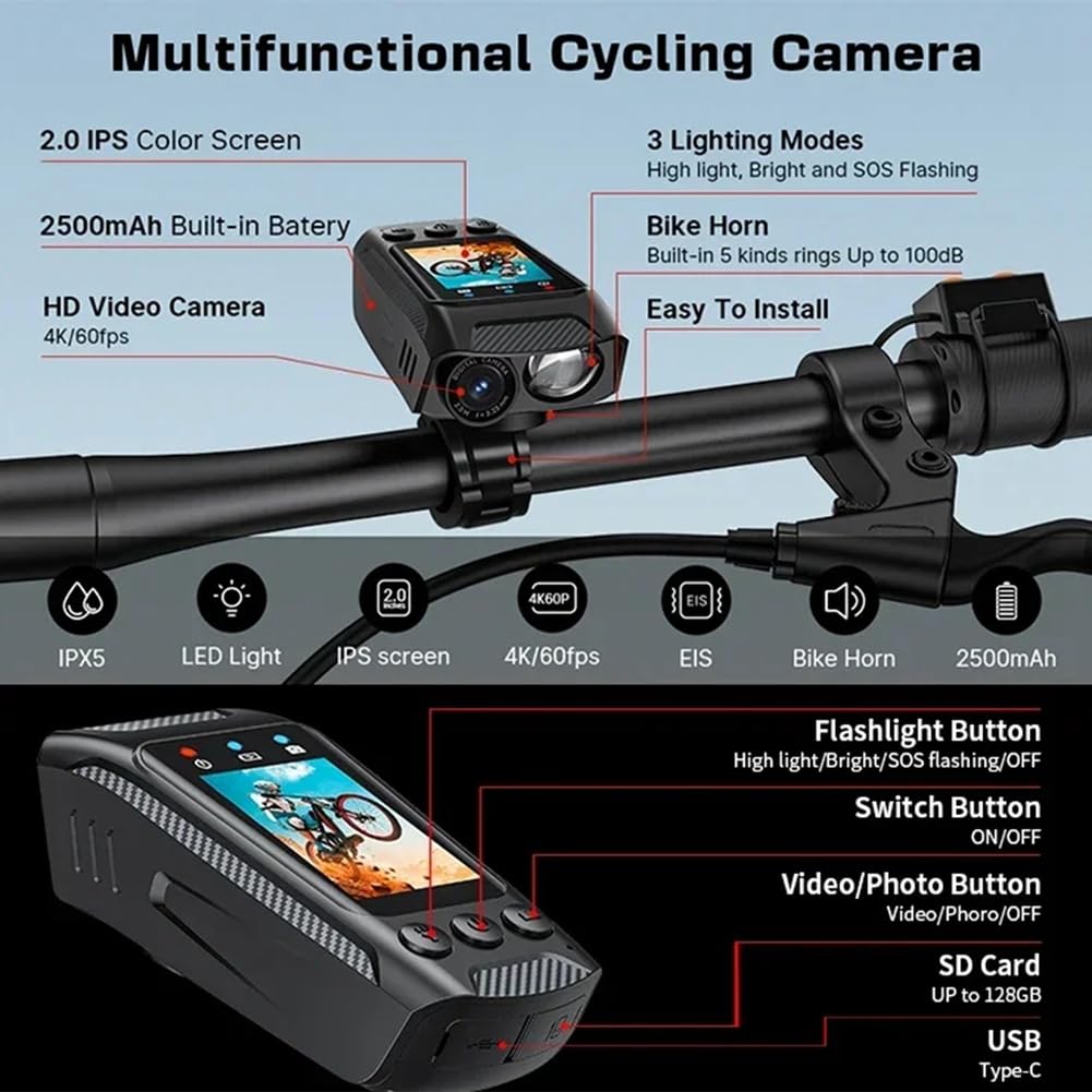 Ecaqlin 3-in-1 Multifunctional 4K Sports DV Dash Cam - Bicycle Helmet Camera, Motorcycle Riding Camera with LED Light & Speaker - Perfect for Cycling, Motorcycling & Action Sports Recording