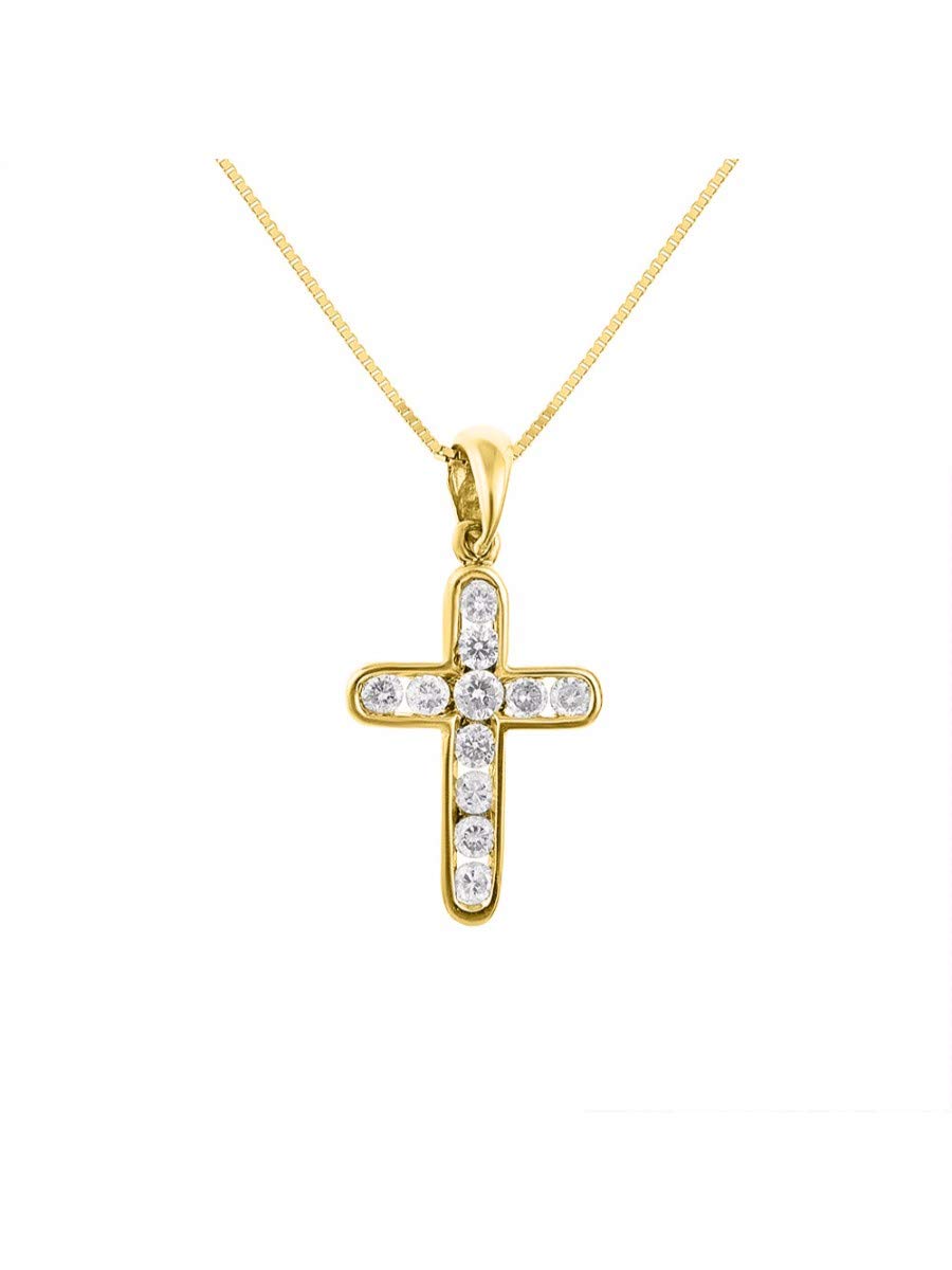 Rylos Classic 1/4 Carat Diamond Cross Pendant Necklace - 14K Yellow Gold or White Gold with 18 Inch Solid Gold Chain - Perfect for Baptism, First Communion & Everyday Elegance