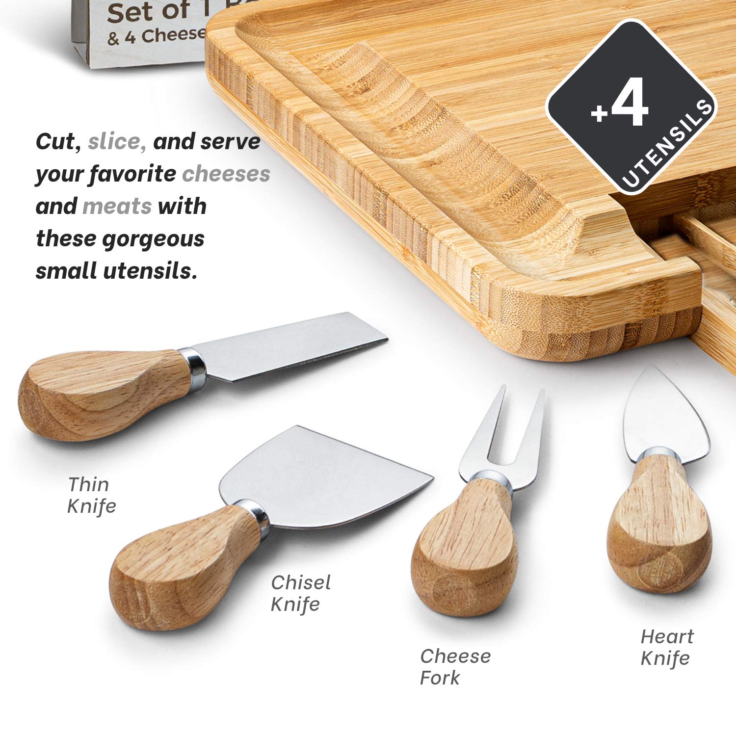 MITBAK Bamboo Charcuterie Board Tray with 4 Cheese Knives - 13x13x1.5 Inch Wooden Serving Platter for Cheese, Charcuterie & Appetizers - Perfect Gift for Christmas, Thanksgiving, Housewarming & Dinner Parties - Ideal for Entertaining, Wine Nights & Holiday Gatherings