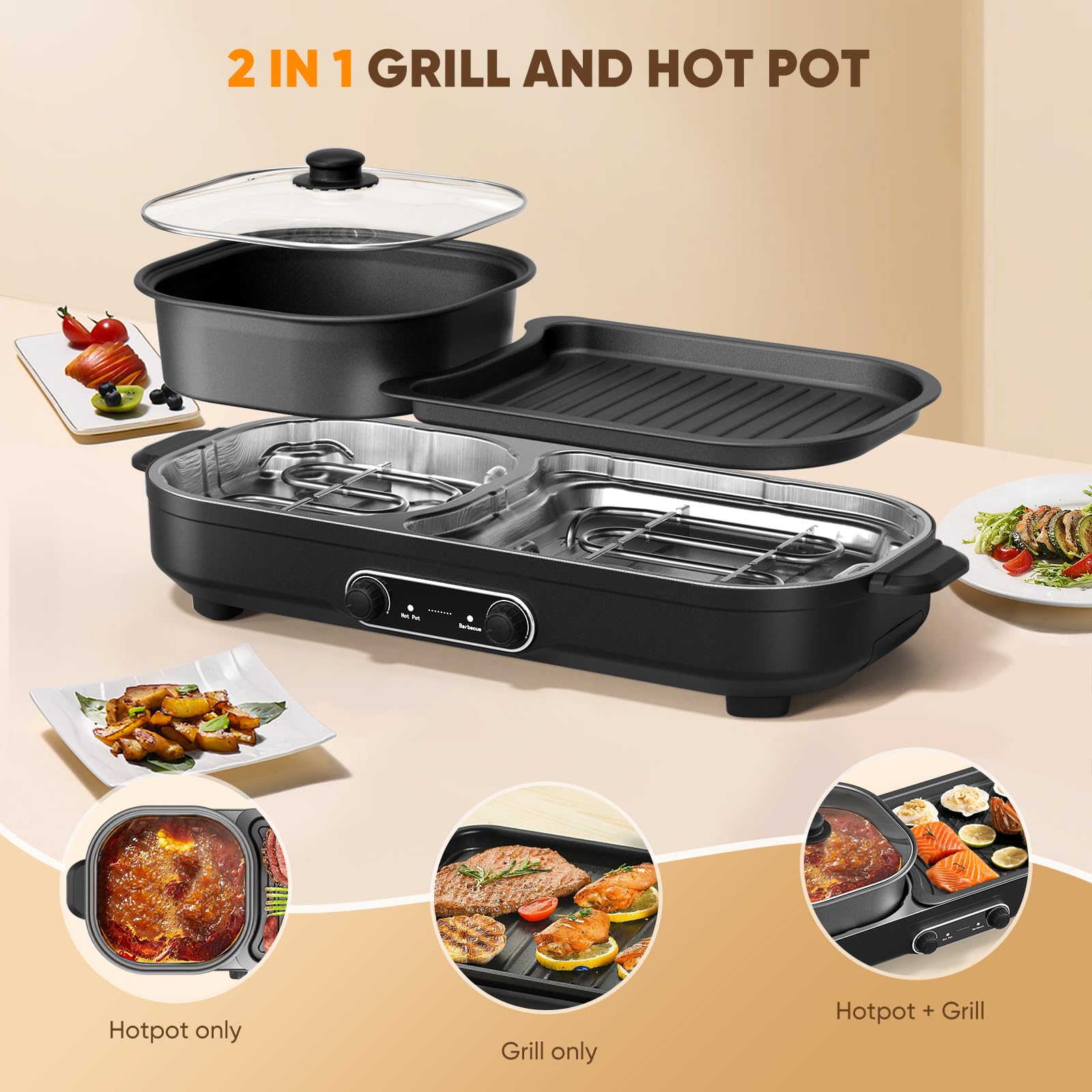 2-in-1 Electric Hot Pot & Grill with Dual Temperature Control - Non-Stick Smokeless Indoor Shabu Hot Pot & Korean BBQ - Perfect for Family Gatherings, Dorm Cooking & Asian Cuisine Nights