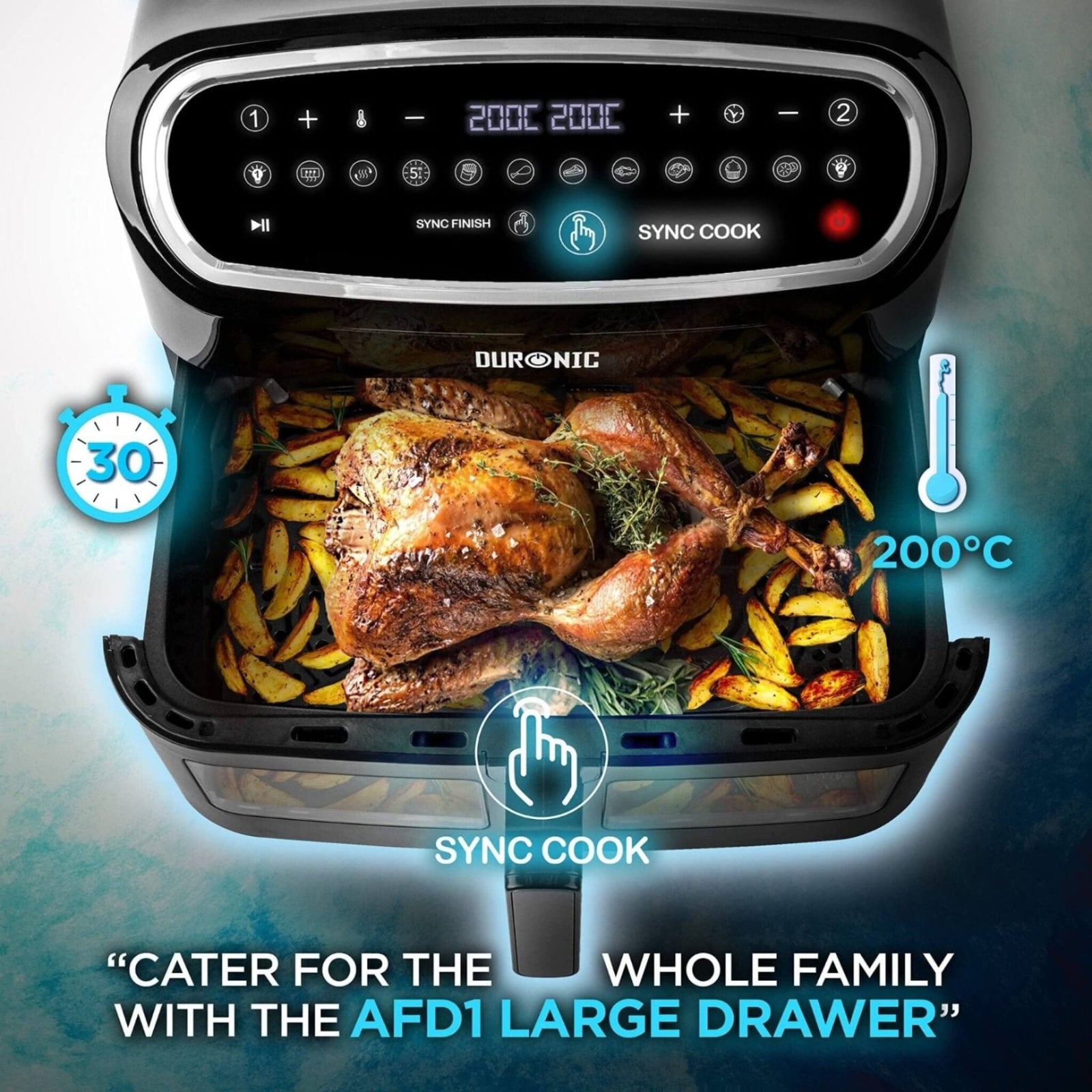 Duronic AF34 BK 10L Digital Air Fryer with Visual Window - Dual Zone, 10-in-1 Functions for Healthy Cooking | Oil-Free Air Fry, Roast, Bake | Dishwasher Safe Non-Stick Baskets | Perfect for Family Meals, Snacks & Party Food (Black)