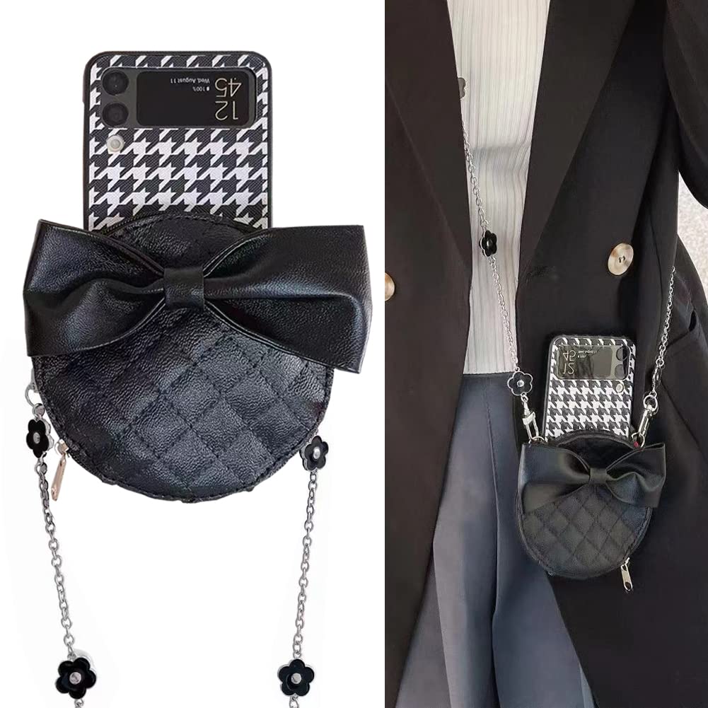 Yatchen Samsung Galaxy Z Flip 3 Wallet Case - Cute Houndstooth Bow Design with Card Slots & Flower Chain Lanyard - Shockproof Leather Phone Cover for Galaxy Z Flip 3 5G (2021) - Perfect Gift for Women & Girls - Ideal for Daily Use, Travel, and Special Occasions