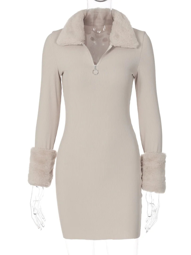 Women's Lambswool Patchwork Long Sleeve V-Neck Ribbed Mini Dress - Winter Bodycon Party Outfit for Date Night & Holiday Gatherings