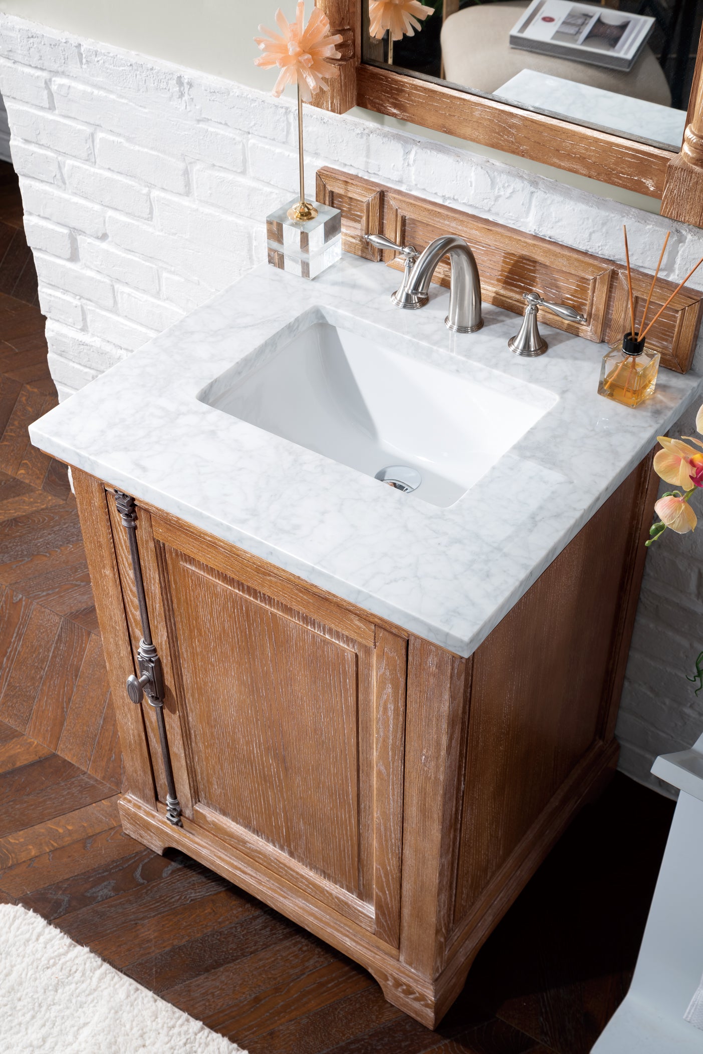 Providence 26 Inch Driftwood Bathroom Vanity with 3CM Carrara Marble Top - Modern Single Sink Vanity for Small Bathrooms & Powder Rooms