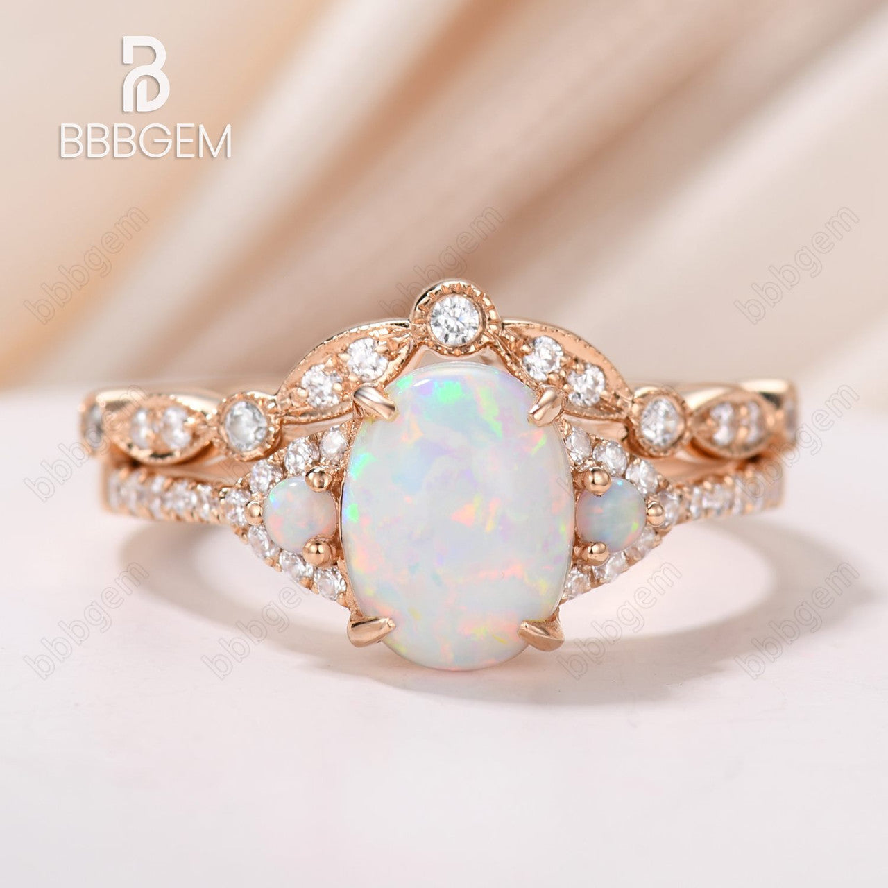 Three Stone Oval Opal Wedding Engagement Ring Set in Rose Gold with Diamond Matching Band - Perfect for Proposals, Anniversaries & Bridal Jewelry
