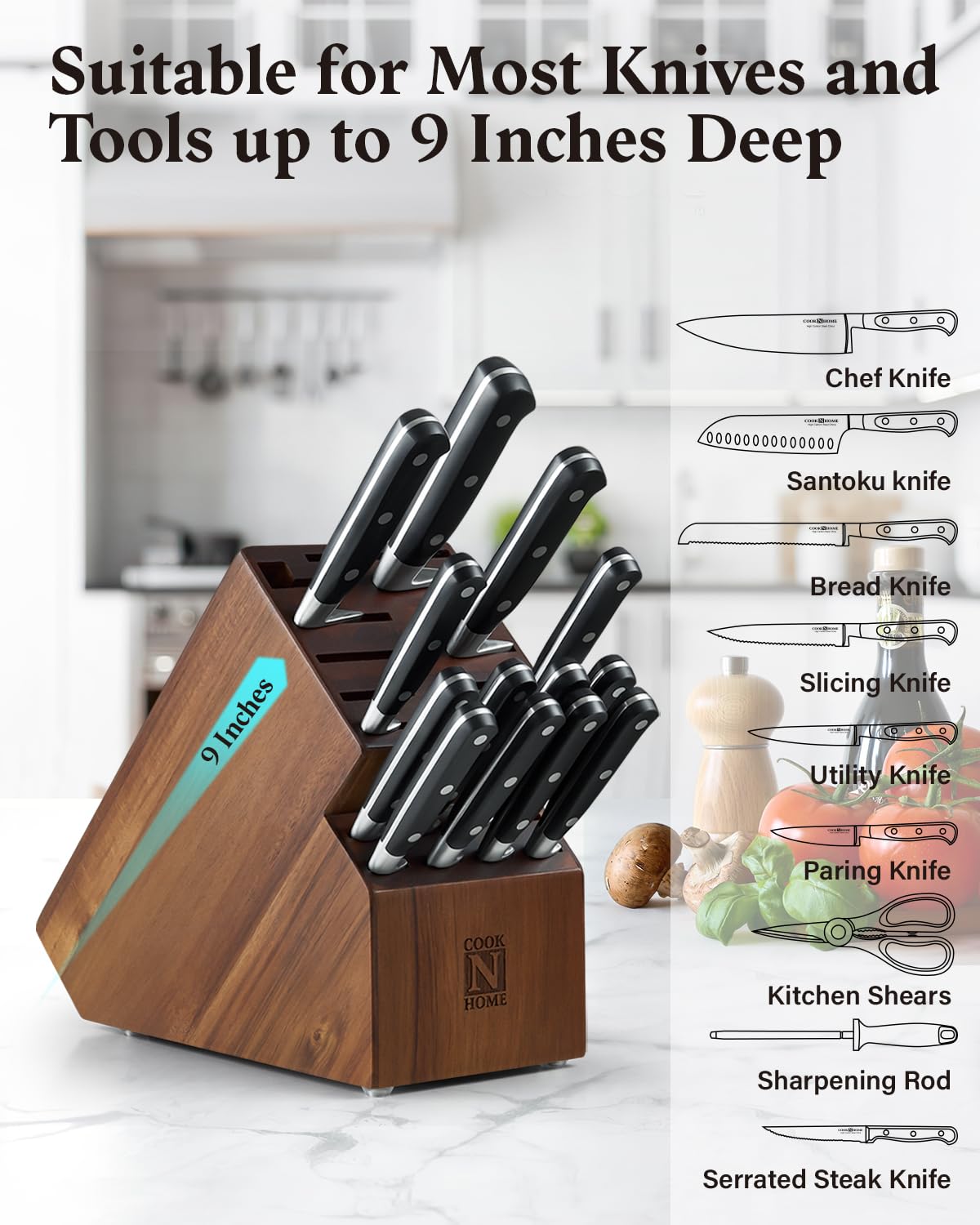 Cook N Home 20-Slot Acacia Wood Knife Block - Universal Countertop Knife Holder & Butcher Block Stand for Kitchen Storage | Perfect for Chefs, Home Cooks & Kitchen Organization