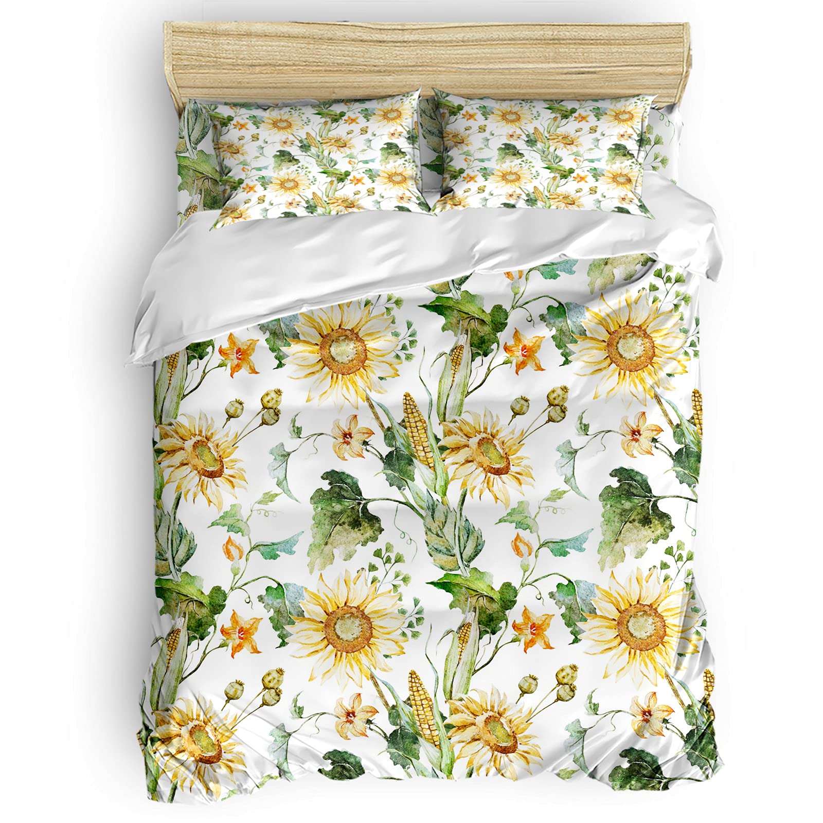Luxury Queen Size Duvet Cover Set - Soft & Breathable Sunflower Corn Pumpkin Leaf Design with Zipper Closure & Corner Ties (Includes 1 Duvet Cover + 2 Pillowcases) | Perfect for Farmhouse, Boho, or Autumn-Themed Bedroom Decor
