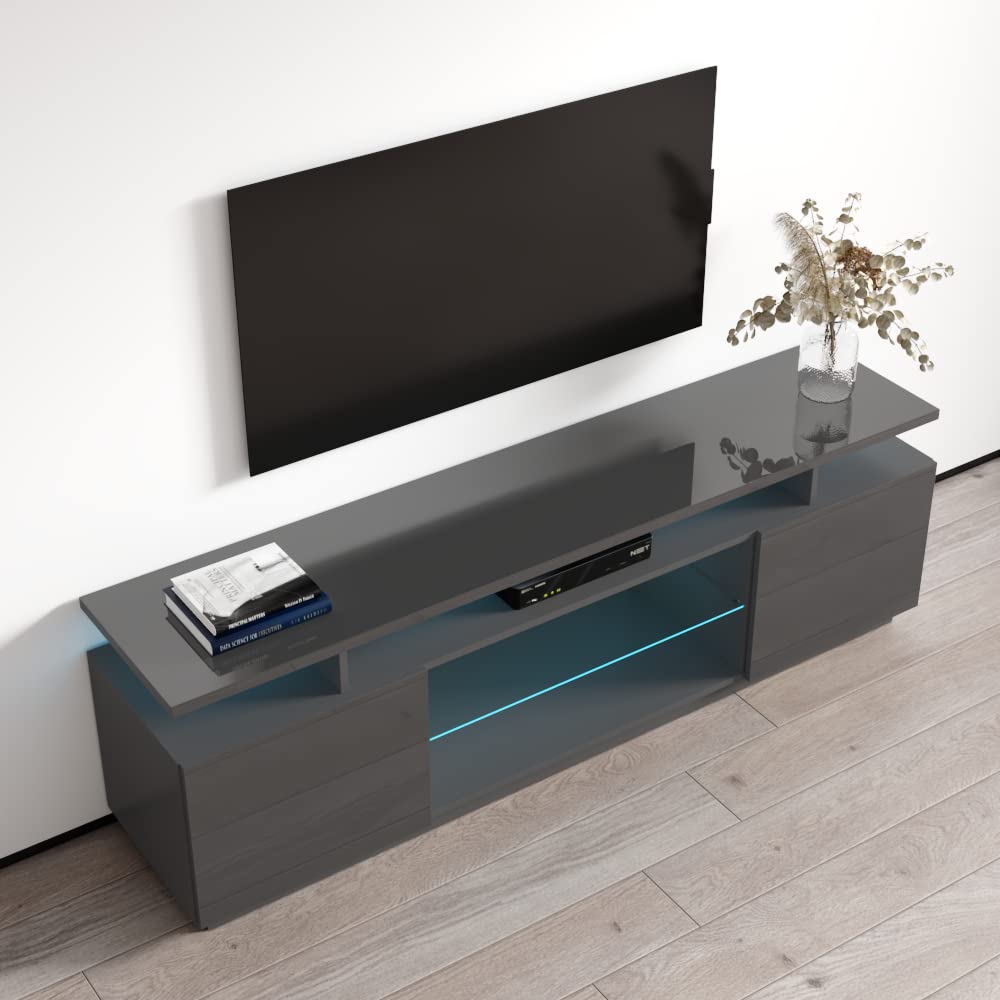 Modern Eva K TV Stand with Matte Glossy Finish - High Gloss Entertainment Center with Storage Cabinets & LED Lights - Media Console for TVs Up to 80