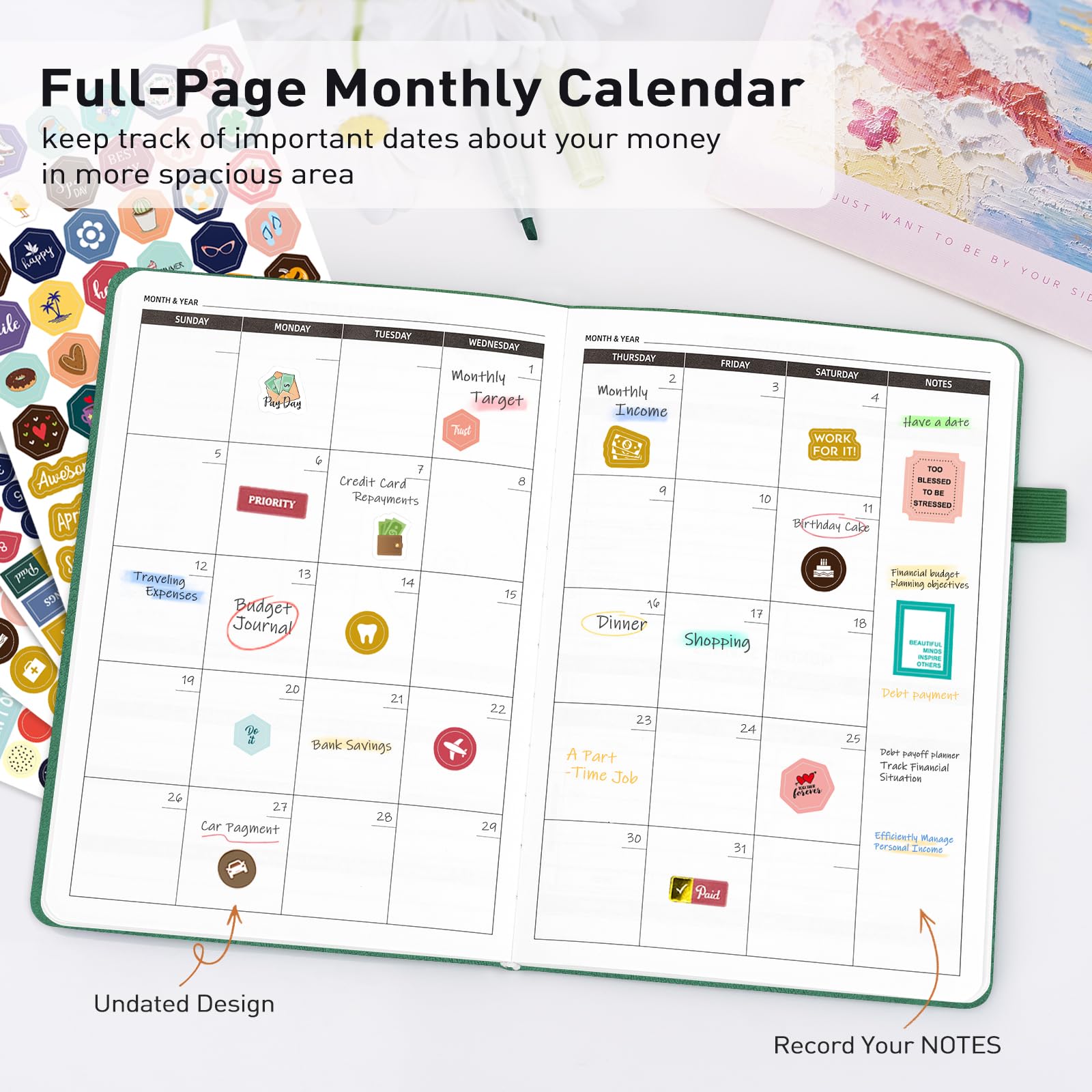 WEMATE Budget Planner 2025 - Undated Monthly Financial Organizer with Expense Tracker | 12-Month Money Management Notebook | A5 Bill Planner & Account Book (Dark Green) | Perfect for Personal Finance, Debt Payoff & Savings Goals