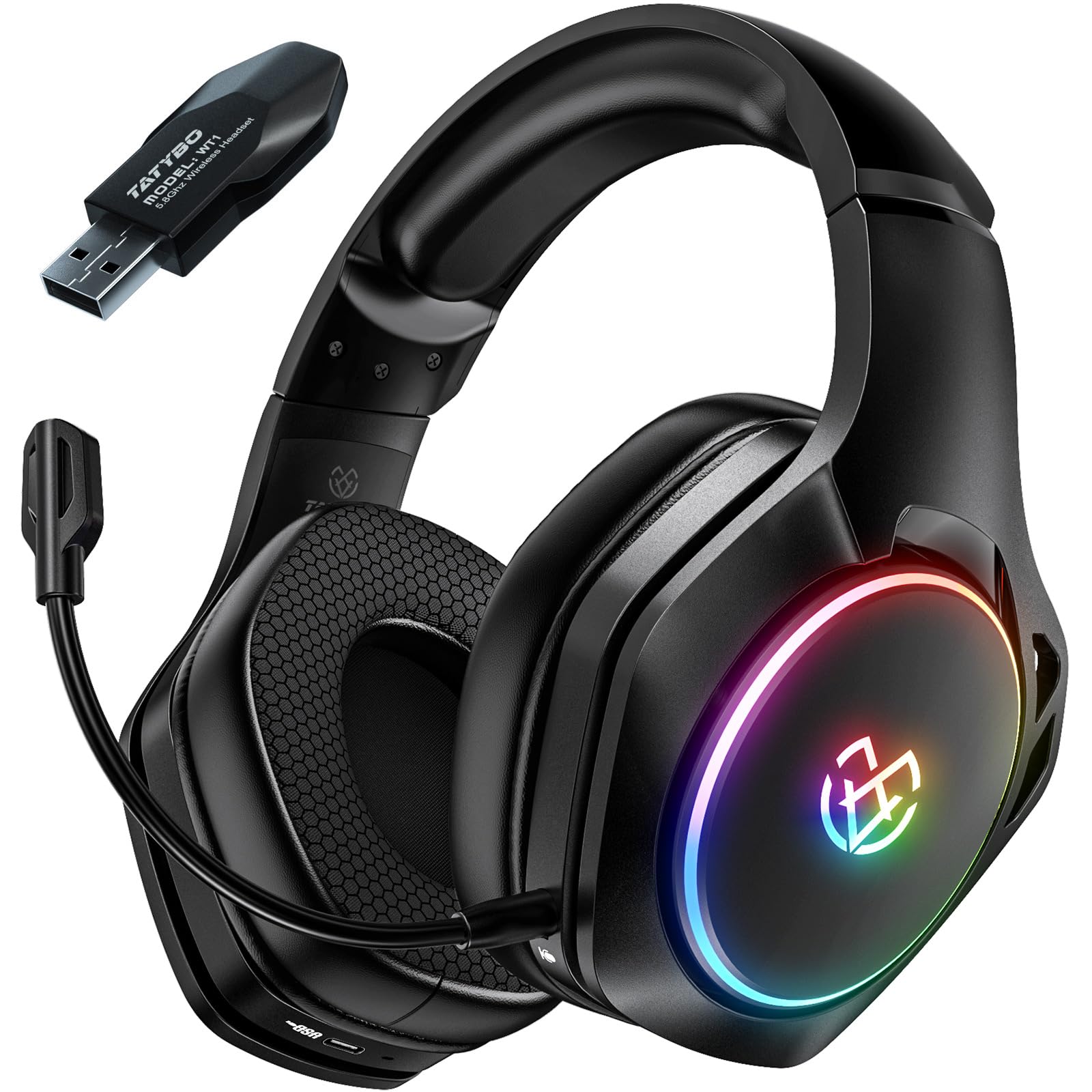 Tatybo 2.4GHz Wireless Gaming Headset for PS5, PS4, PC, Laptop, Switch & Mac - Detachable Noise Cancelling Mic, 20H Battery Life - Perfect for Gaming, Streaming & Online Meetings (Black)