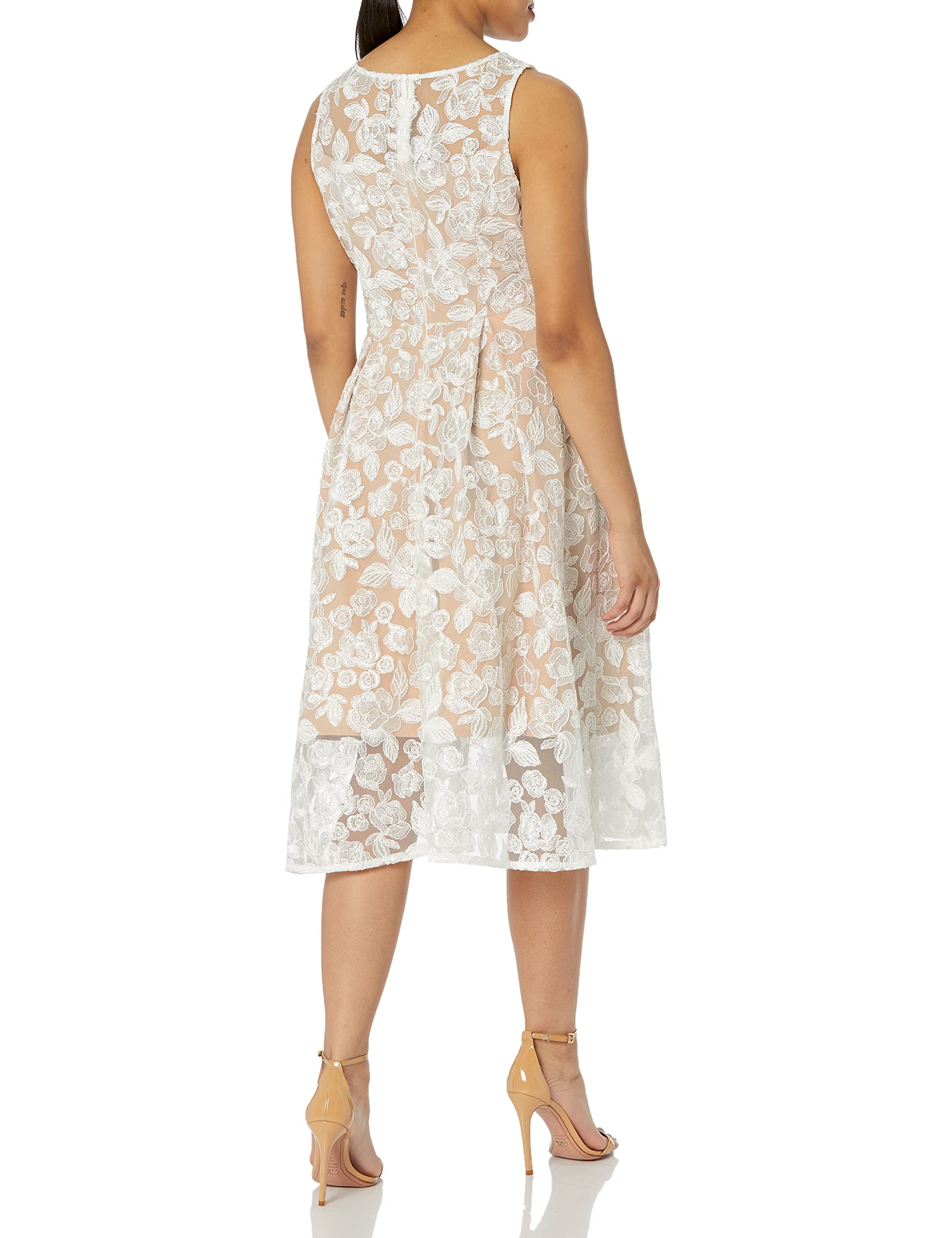 Adrianna Papell Women's Embroidered Tea Length Dress - Elegant Floral Lace Cocktail Dress for Wedding Guest, Party & Special Occasions